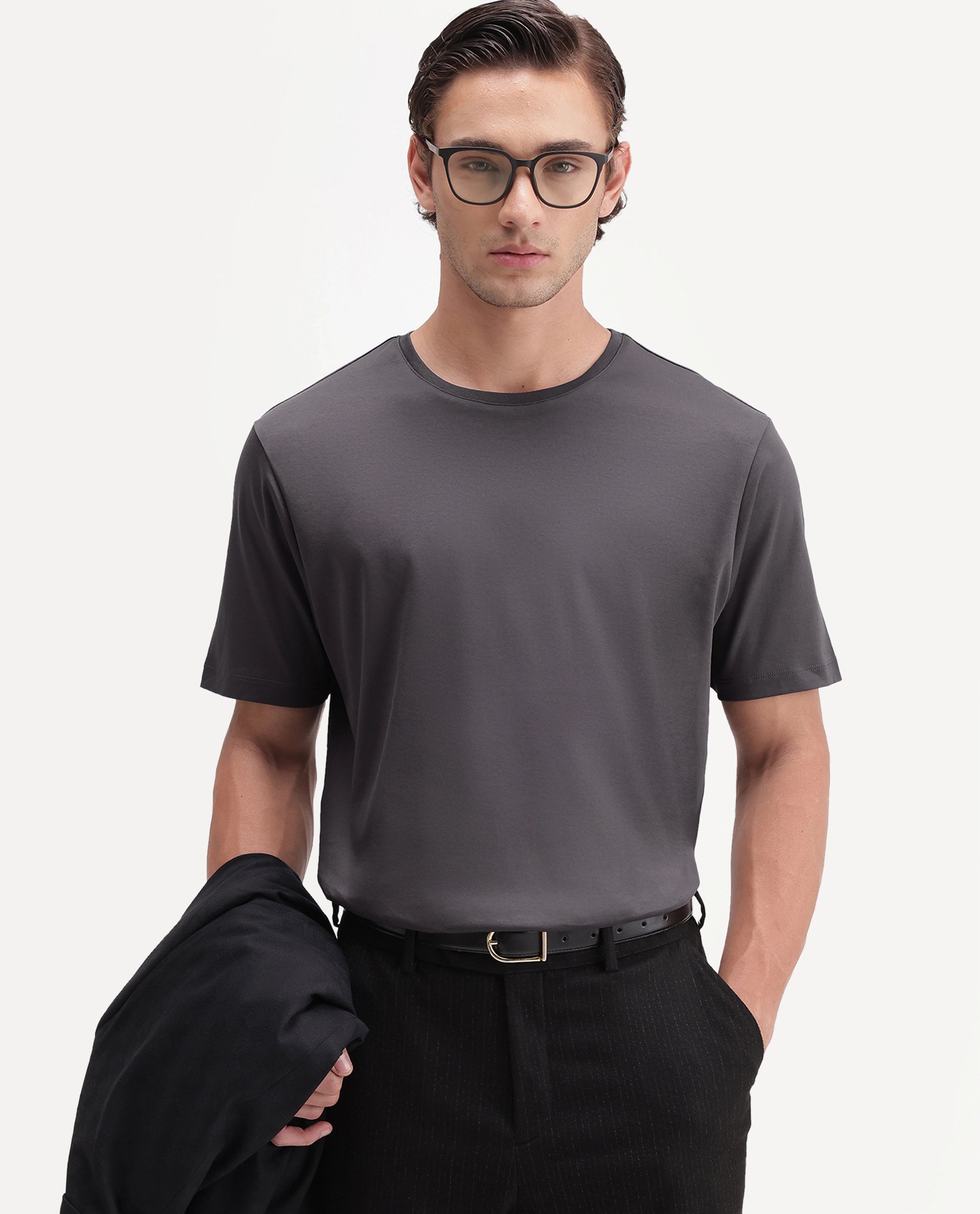 Rare Rabbit Men's Gist Dark Grey Cotton Crew Neck Regular Plain T-Shirt
