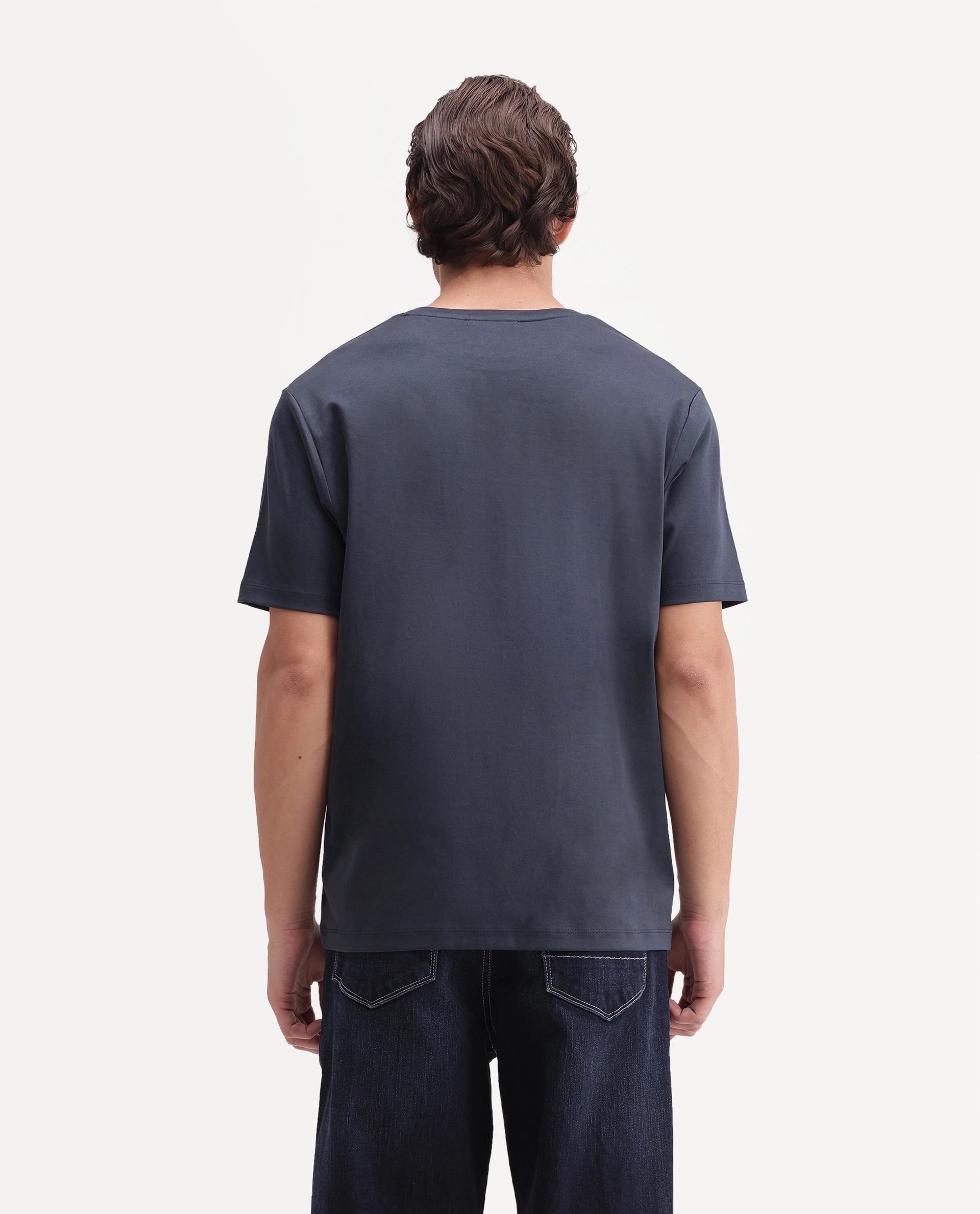 Rare Rabbit Men's Gist Primary Navy Cotton Crew Neck Regular Plain T-Shirt