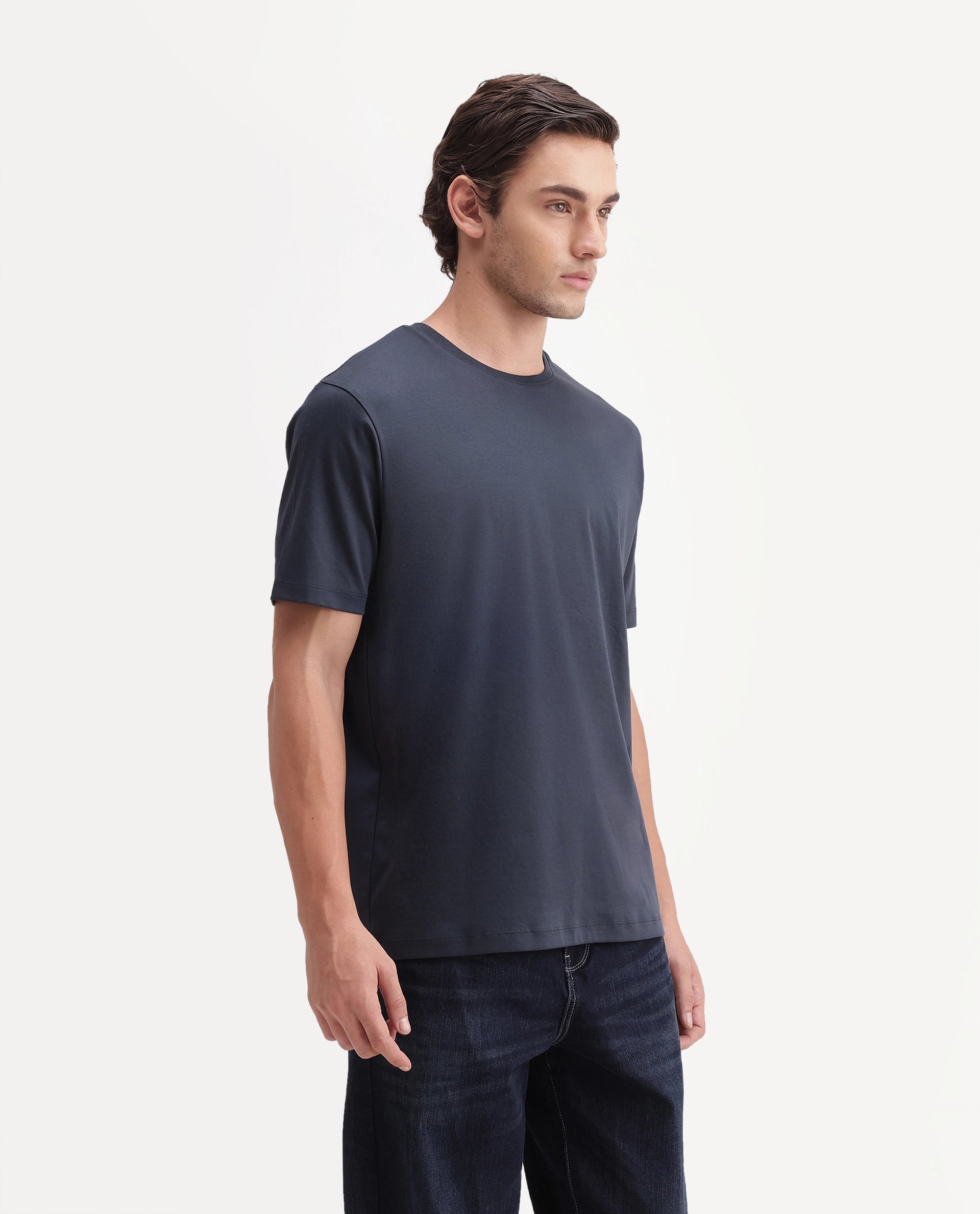 Rare Rabbit Men's Gist Primary Navy Cotton Crew Neck Regular Plain T-Shirt