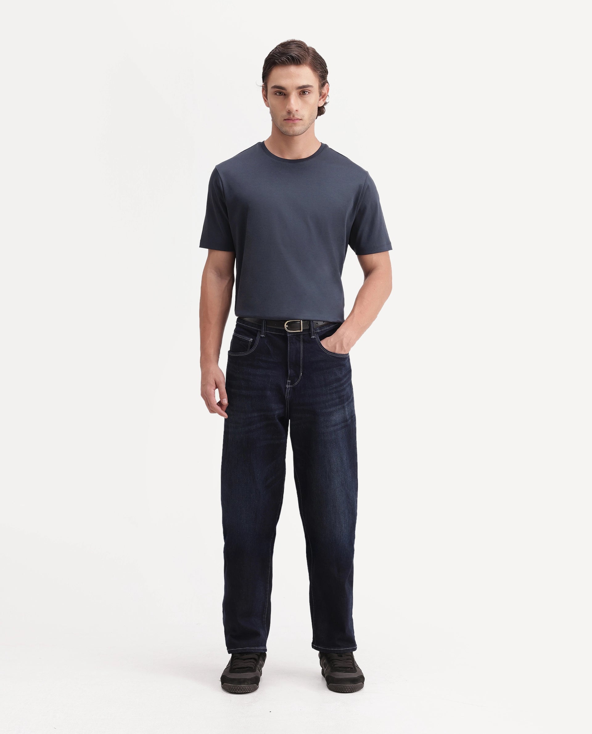 Rare Rabbit Men's Gist Primary Navy Cotton Crew Neck Regular Plain T-Shirt
