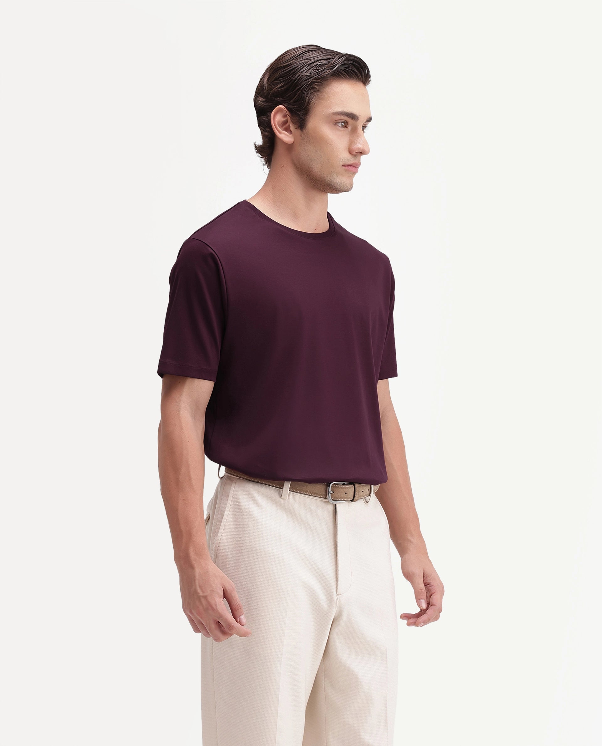 Rare Rabbit Men's Gist Dark Maroon Cotton Crew Neck Regular Plain T-Shirt