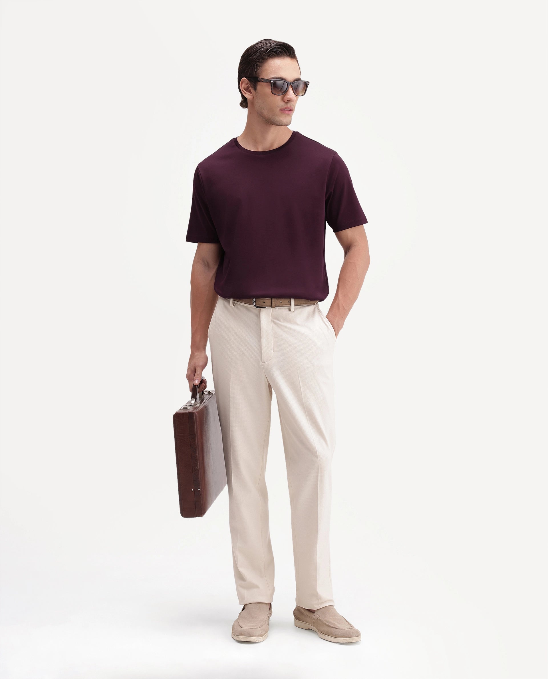 Rare Rabbit Men's Gist Dark Maroon Cotton Crew Neck Regular Plain T-Shirt