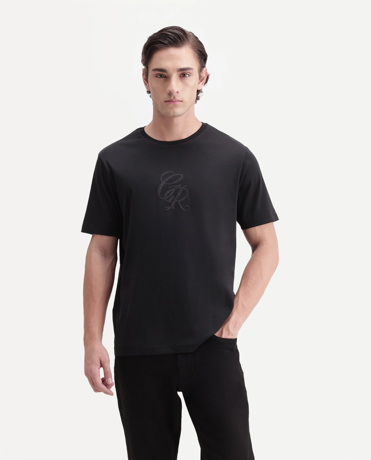 Rare Rabbit Men's Rans Primary Black Cotton Crew Neck Regular Graphic Print T-Shirt