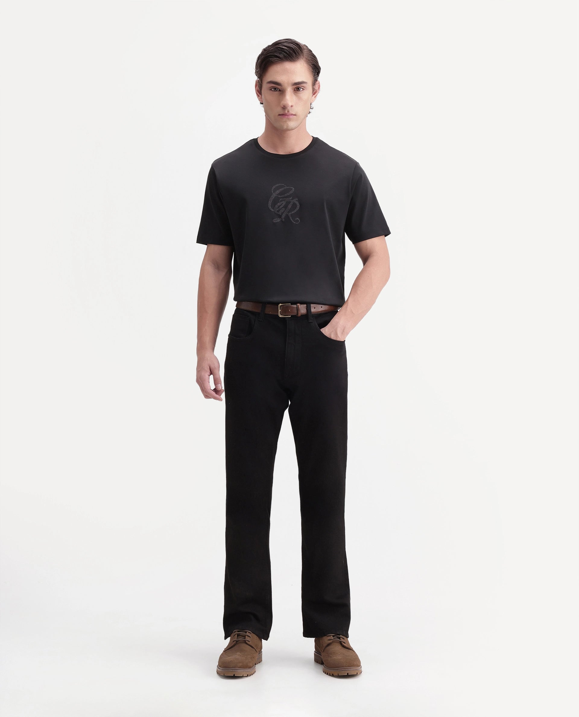 Rare Rabbit Men's Rans Primary Black Cotton Crew Neck Regular Graphic Print T-Shirt