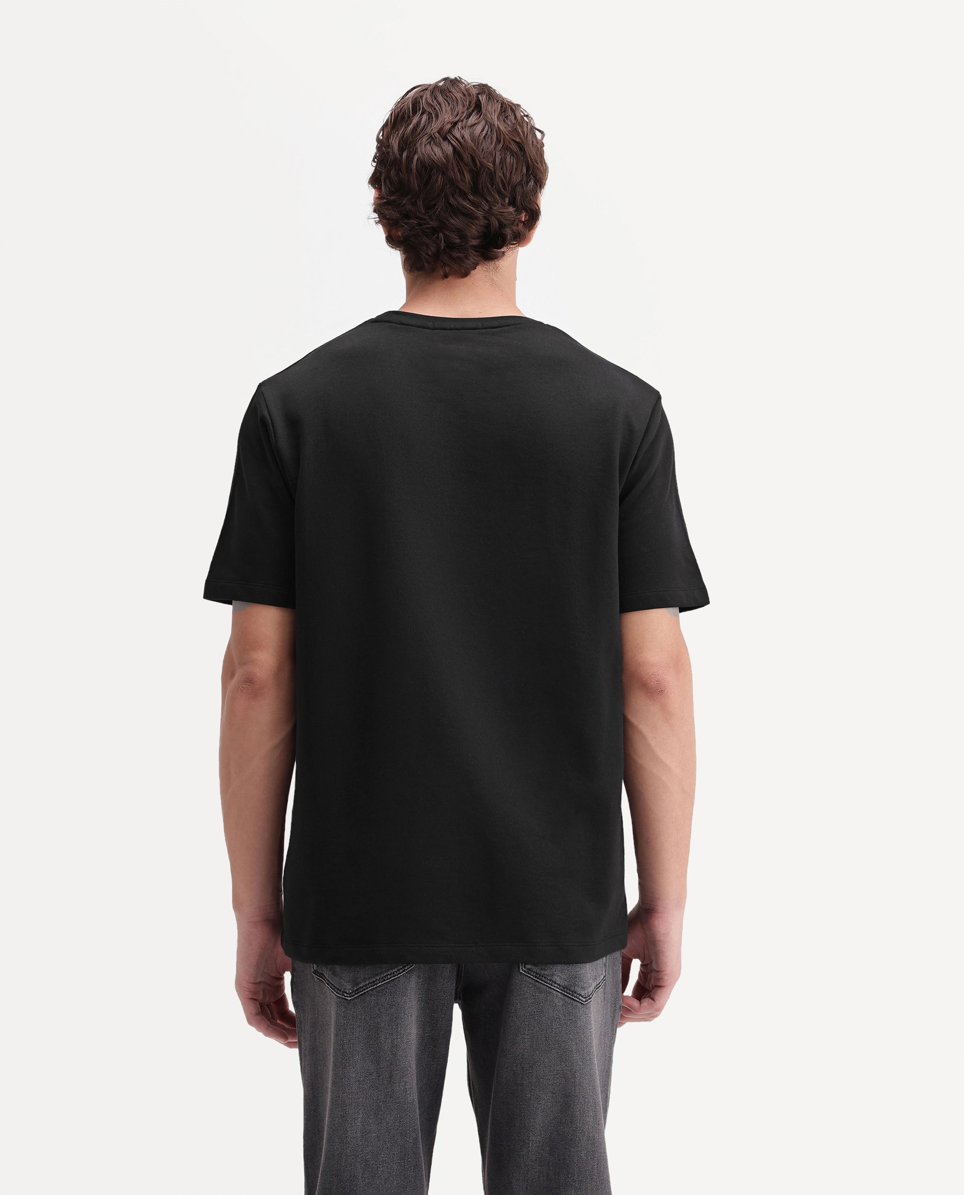 Rare Rabbit Men's Zane Primary Black Cotton Crew Neck Regular Embroidered T-Shirt