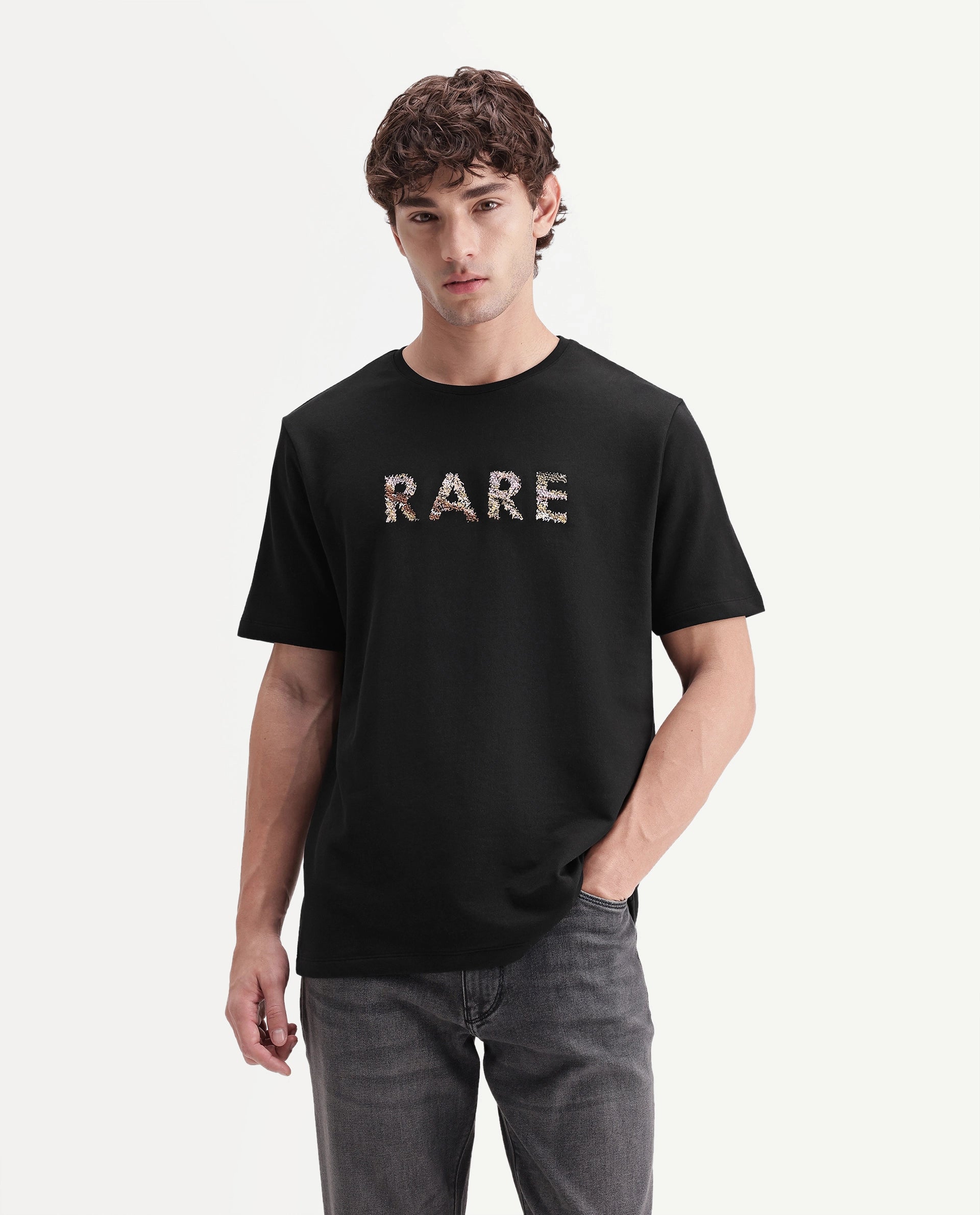 Rare Rabbit Men's Zane Primary Black Cotton Crew Neck Regular Embroidered T-Shirt