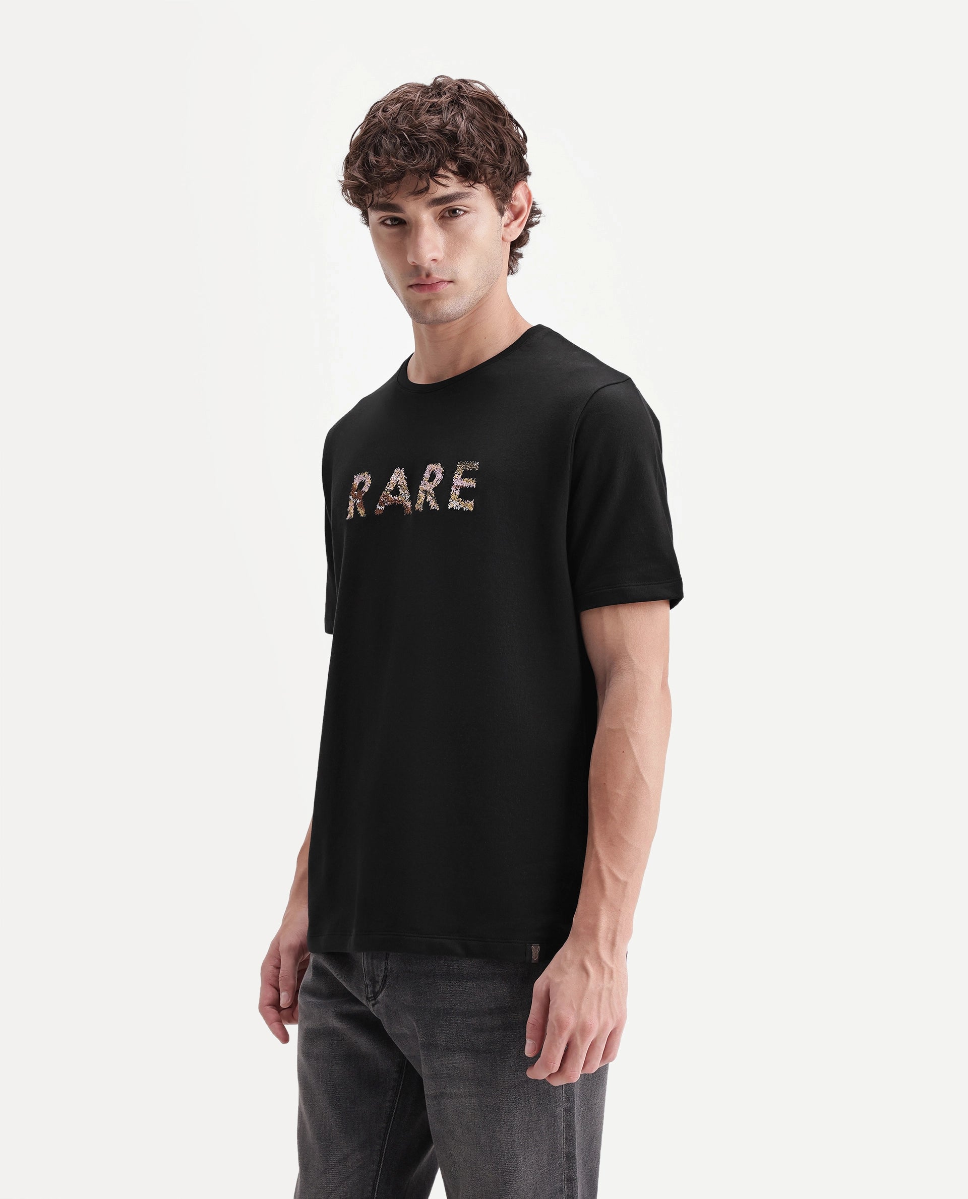 Rare Rabbit Men's Zane Primary Black Cotton Crew Neck Regular Embroidered T-Shirt