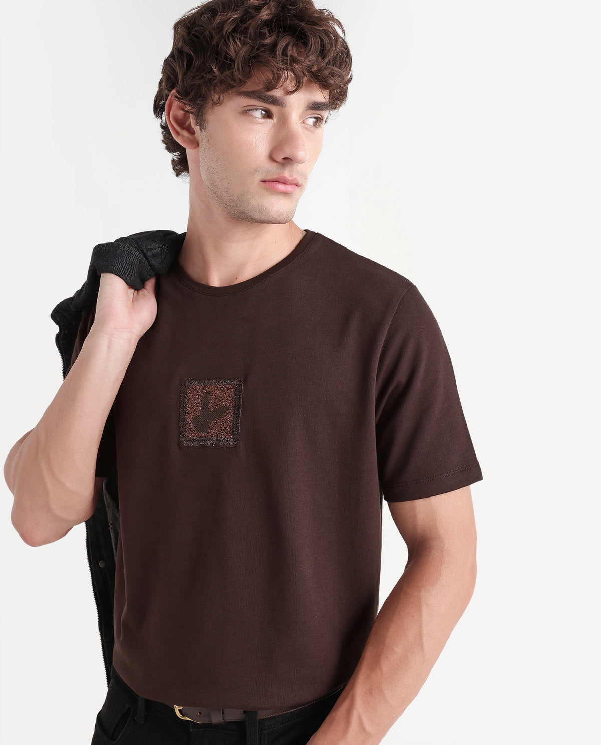 Rare Rabbit Men's Wood Dark Brown Cotton Crew Neck Regular Embroidered T-Shirt