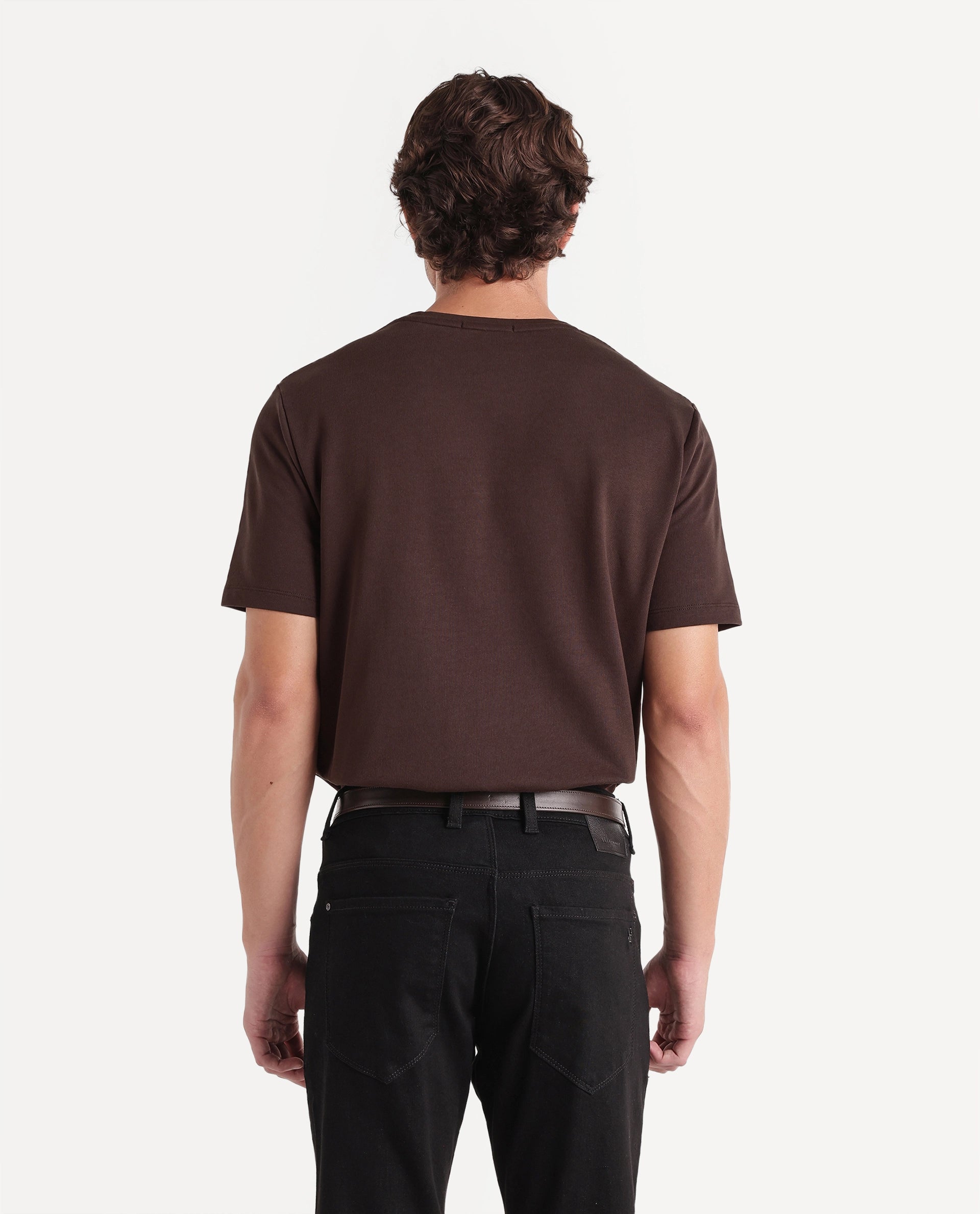 Rare Rabbit Men's Wood Dark Brown Cotton Crew Neck Regular Embroidered T-Shirt
