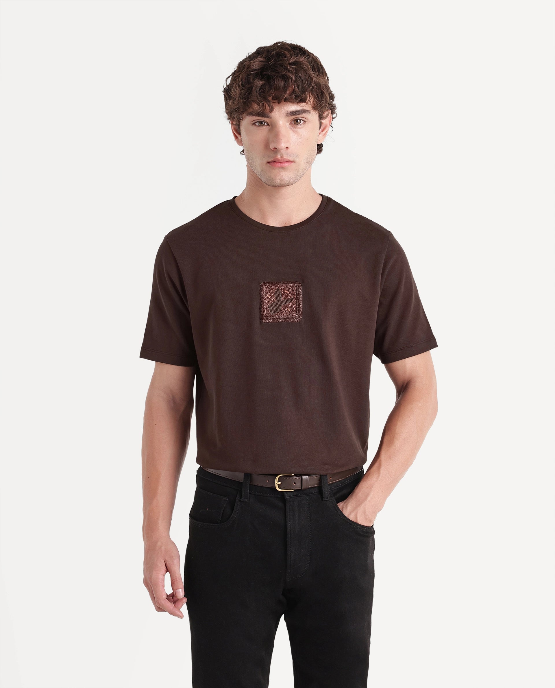 Rare Rabbit Men's Wood Dark Brown Cotton Crew Neck Regular Embroidered T-Shirt