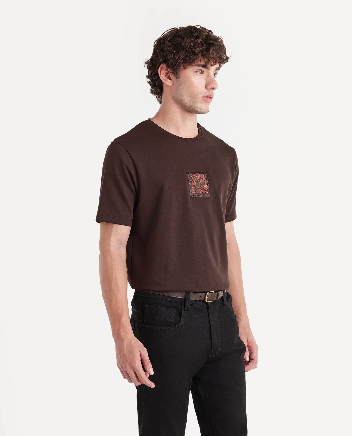 Rare Rabbit Men's Wood Dark Brown Cotton Crew Neck Regular Embroidered T-Shirt