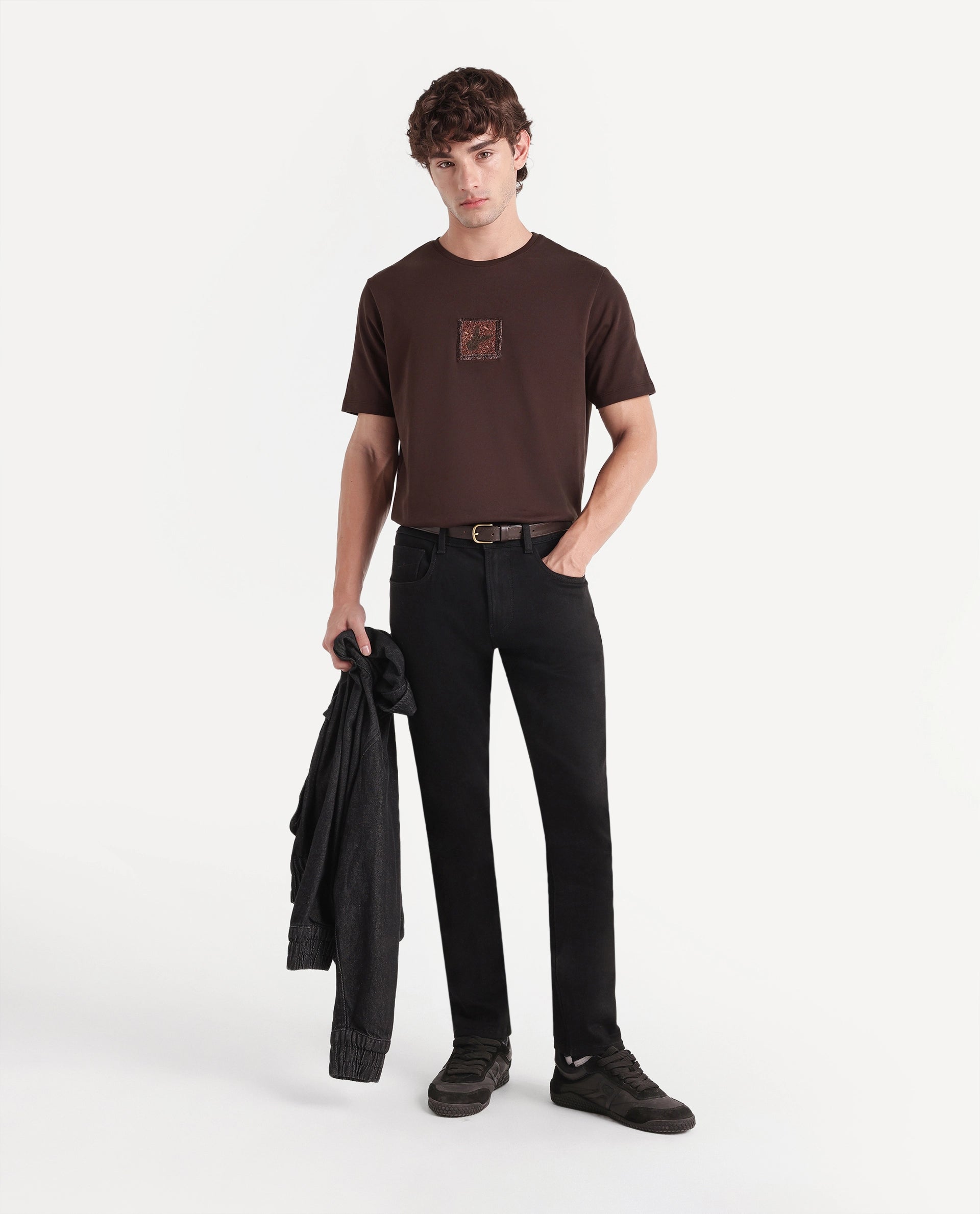 Rare Rabbit Men's Wood Dark Brown Cotton Crew Neck Regular Embroidered T-Shirt