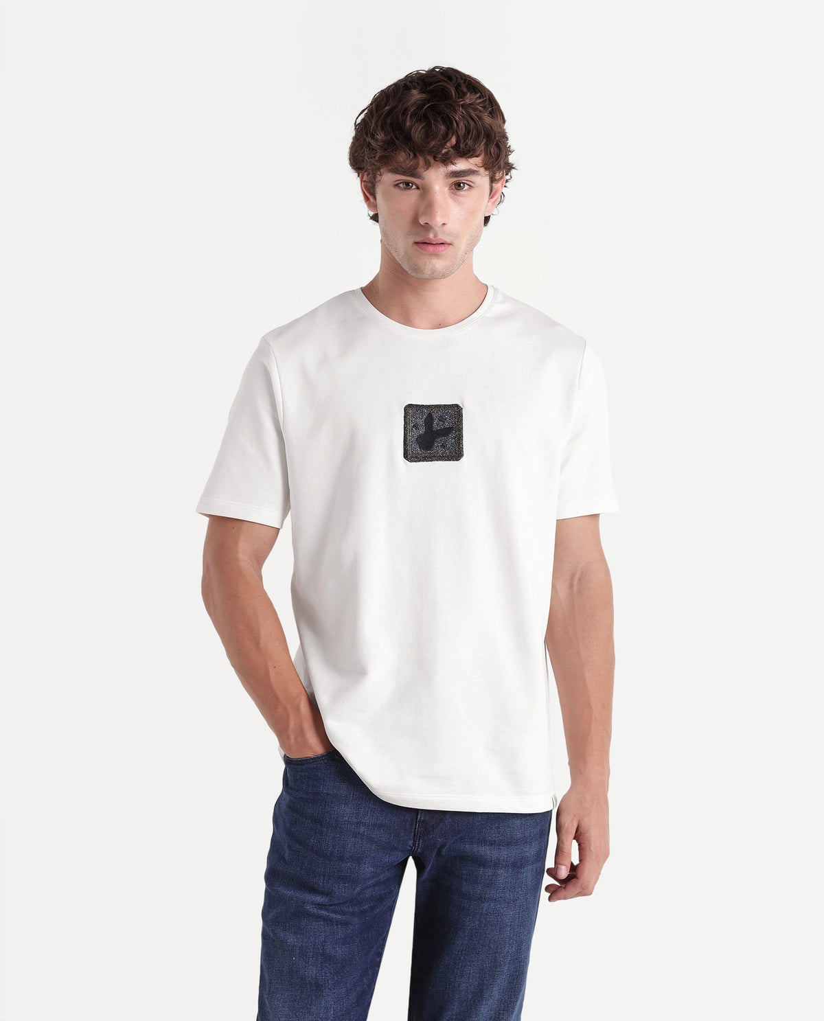 Rare Rabbit Men's Wood Primary Off White Cotton Crew Neck Regular Embroidered T-Shirt