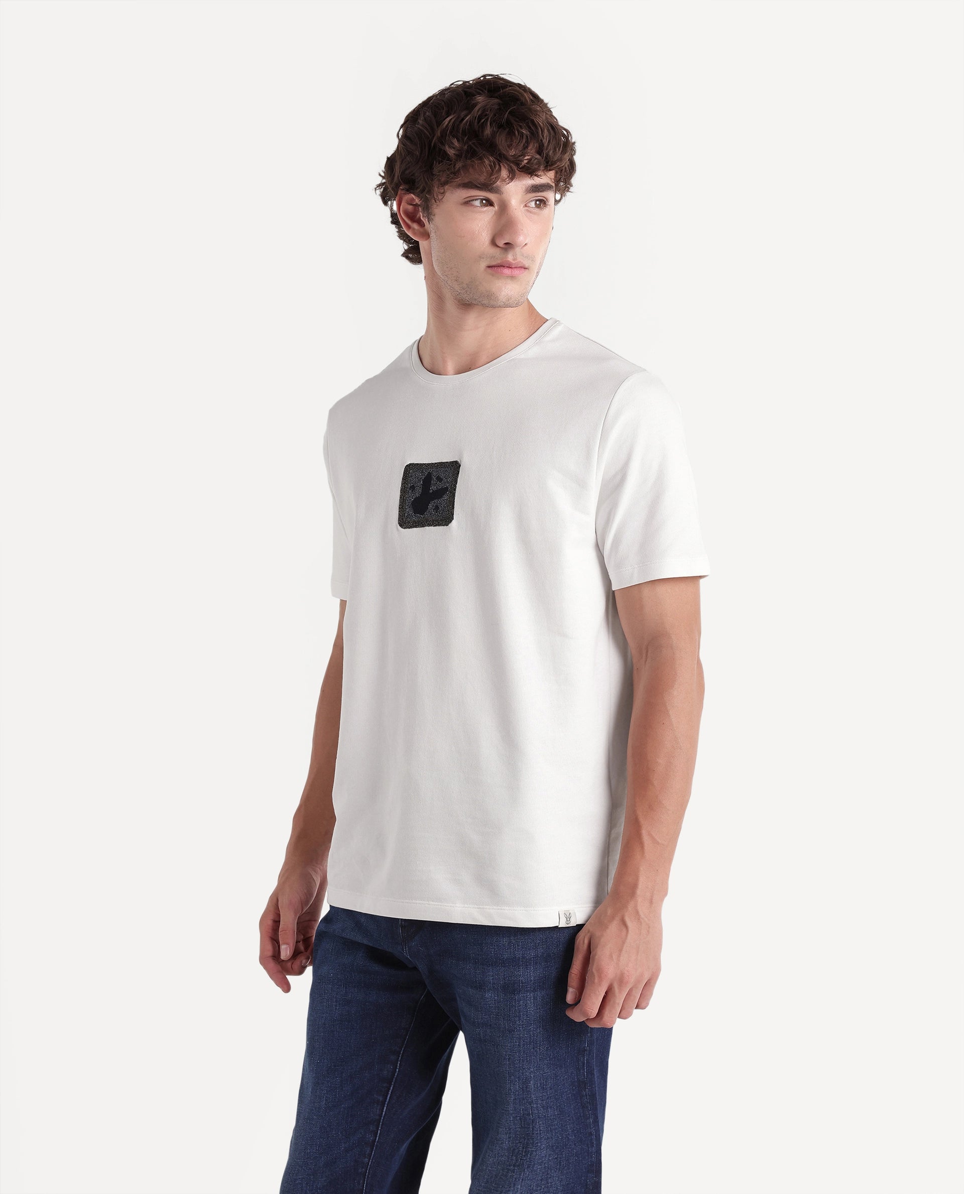 Rare Rabbit Men's Wood Primary Off White Cotton Crew Neck Regular Embroidered T-Shirt