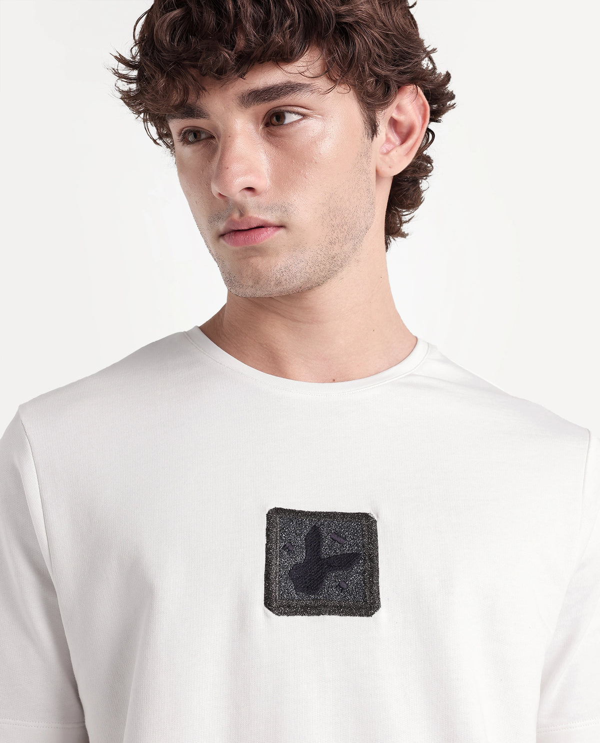 Rare Rabbit Men's Wood Primary Off White Cotton Crew Neck Regular Embroidered T-Shirt