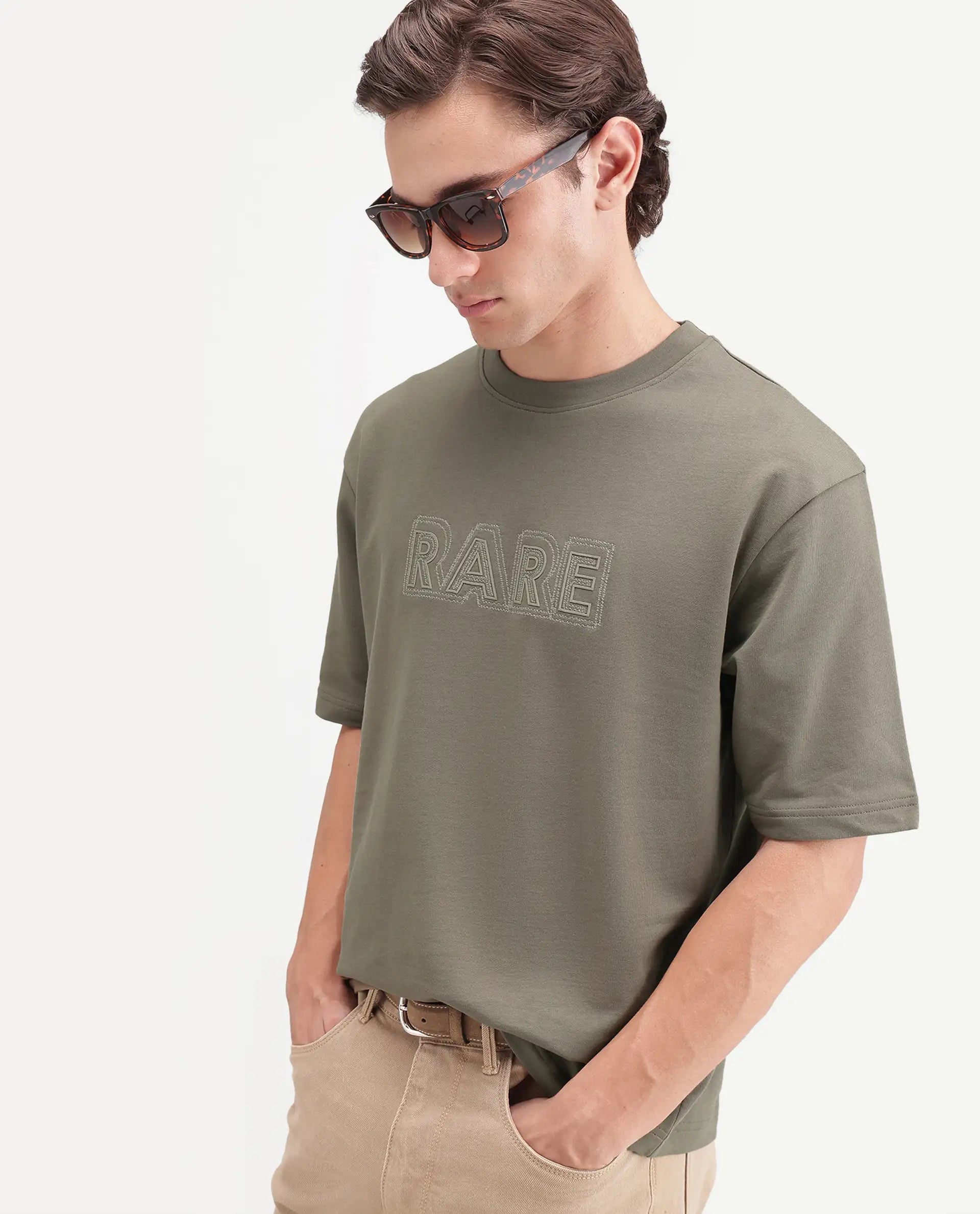 Rare Rabbit Men's Joss Dusky Olive Cotton Crew Neck Regular Embroidered T-Shirt