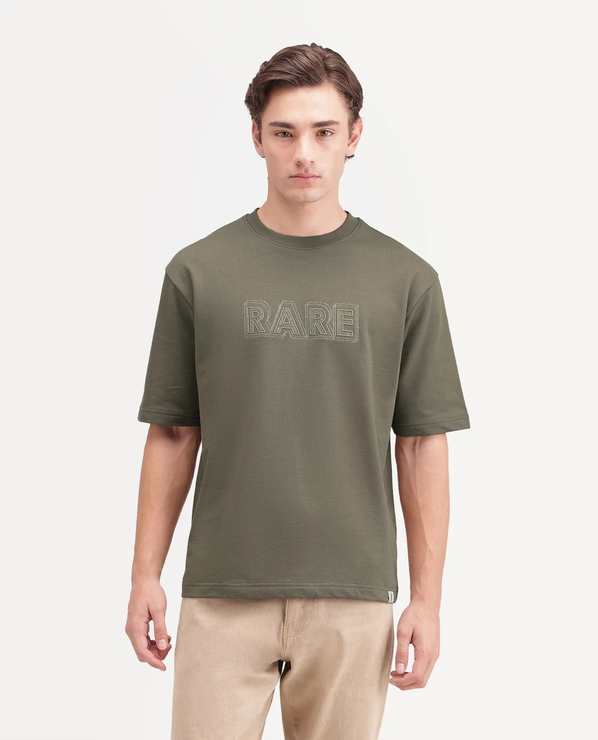 Rare Rabbit Men's Joss Dusky Olive Cotton Crew Neck Regular Embroidered T-Shirt