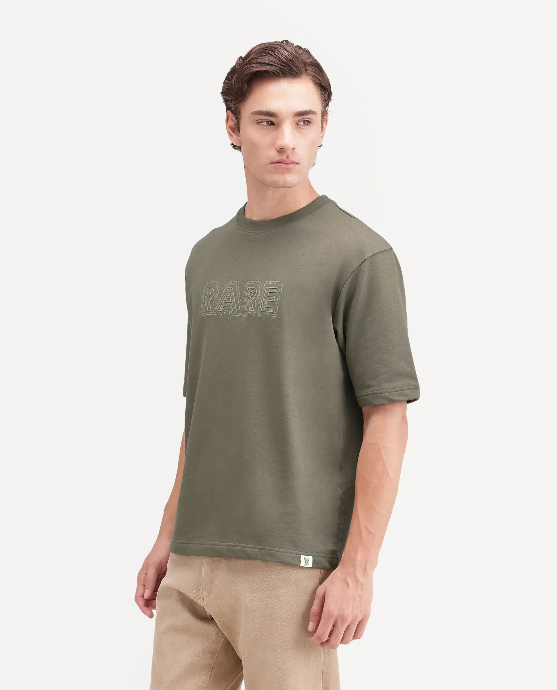 Rare Rabbit Men's Joss Dusky Olive Cotton Crew Neck Regular Embroidered T-Shirt