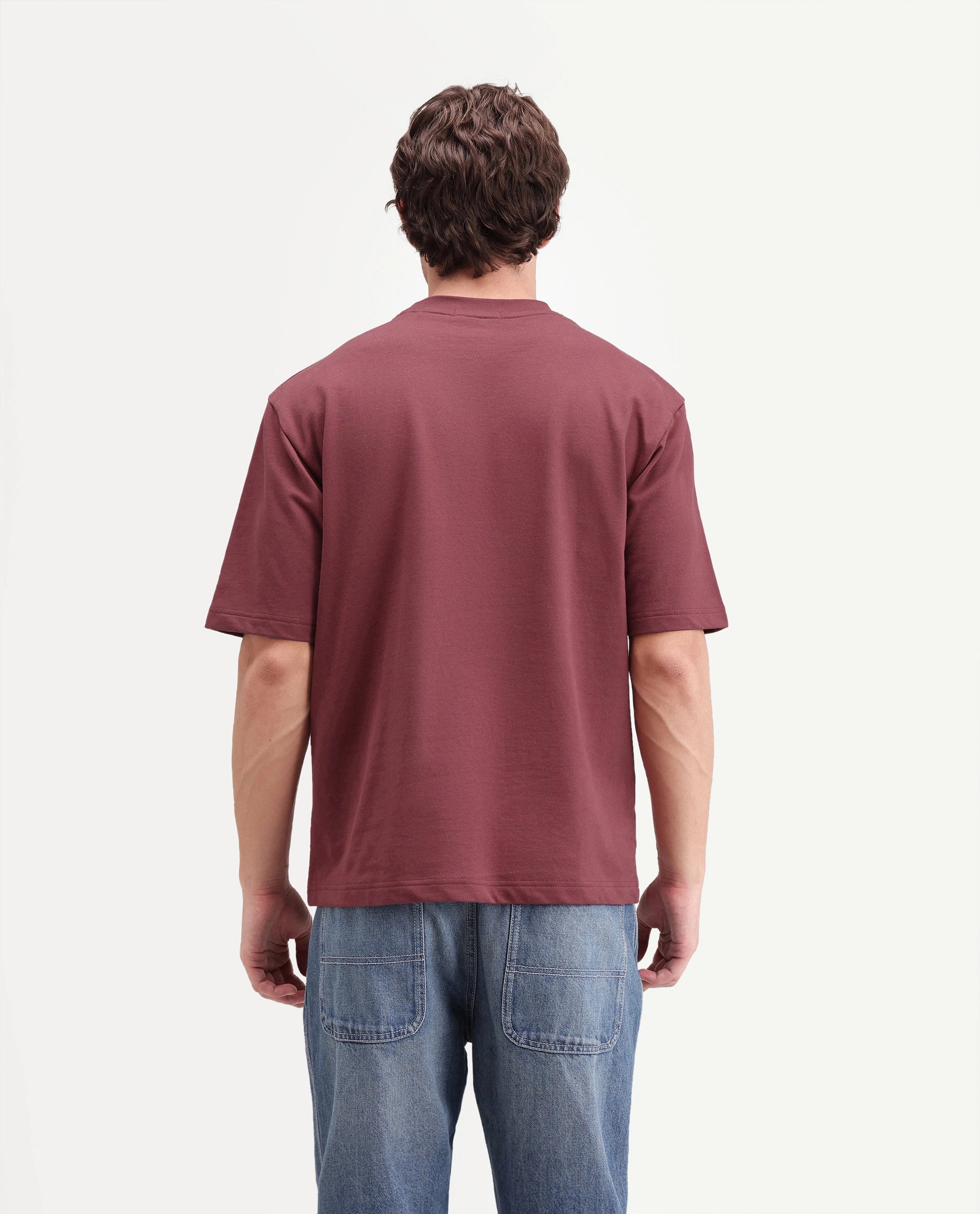 Rare Rabbit Men's Joss Dusky Red Cotton Crew Neck Regular Embroidered T-Shirt