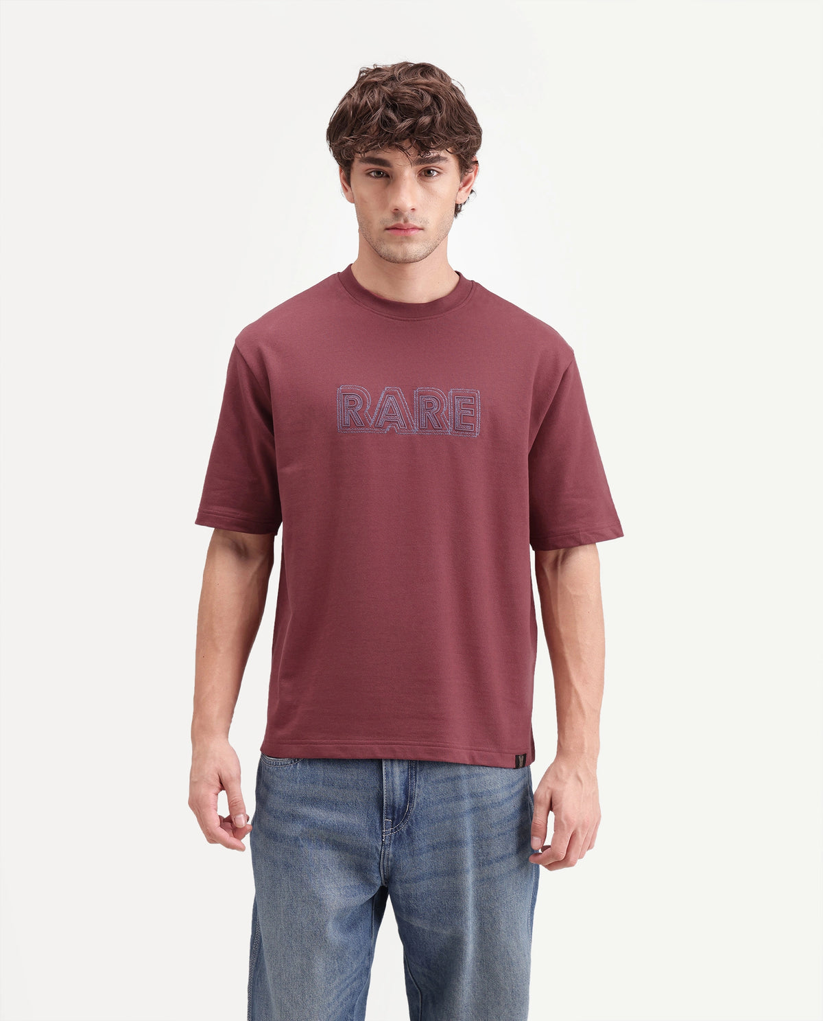 Rare Rabbit Men's Joss Dusky Red Cotton Crew Neck Regular Embroidered T-Shirt