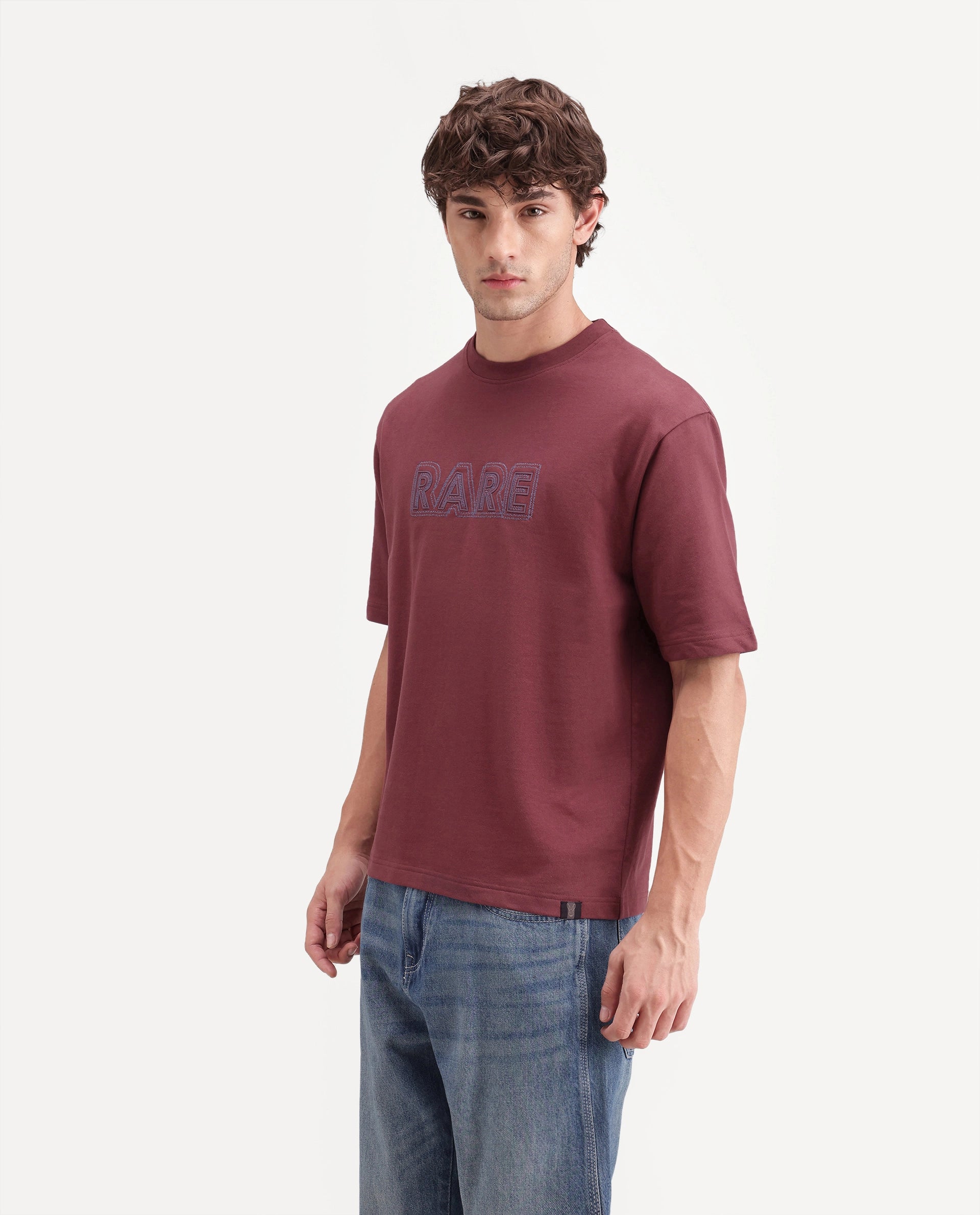 Rare Rabbit Men's Joss Dusky Red Cotton Crew Neck Regular Embroidered T-Shirt