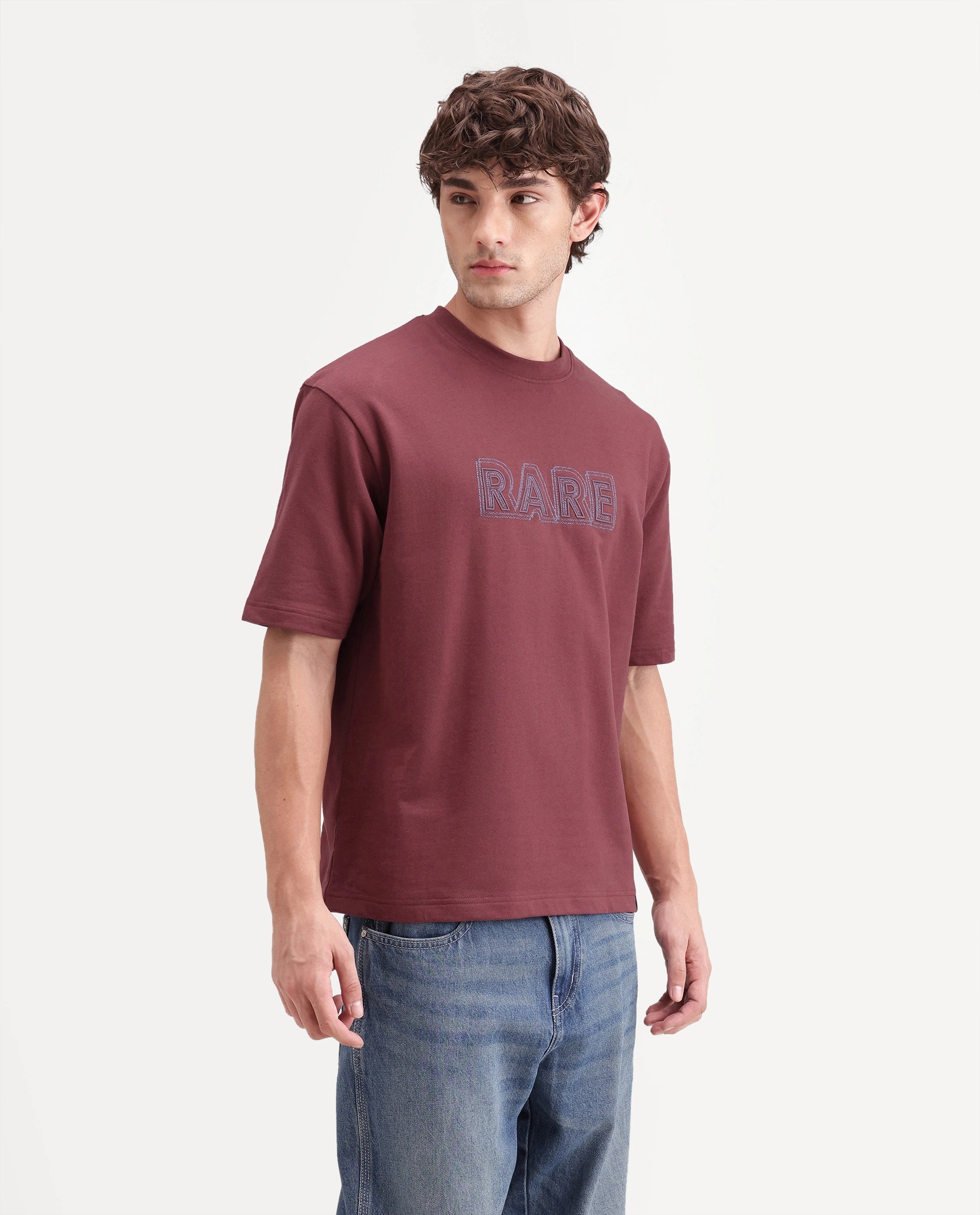 Rare Rabbit Men's Joss Dusky Red Cotton Crew Neck Regular Embroidered T-Shirt