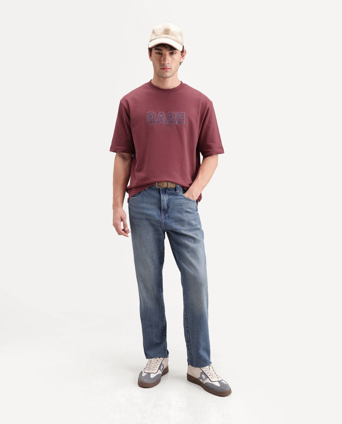 Rare Rabbit Men's Joss Dusky Red Cotton Crew Neck Regular Embroidered T-Shirt