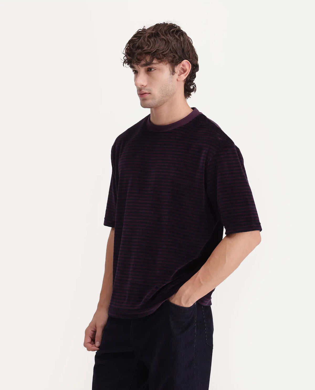 Rare Rabbit Men's Stride Dark Maroon Cotton Blend Crew Neck Relaxed Striped T-Shirt