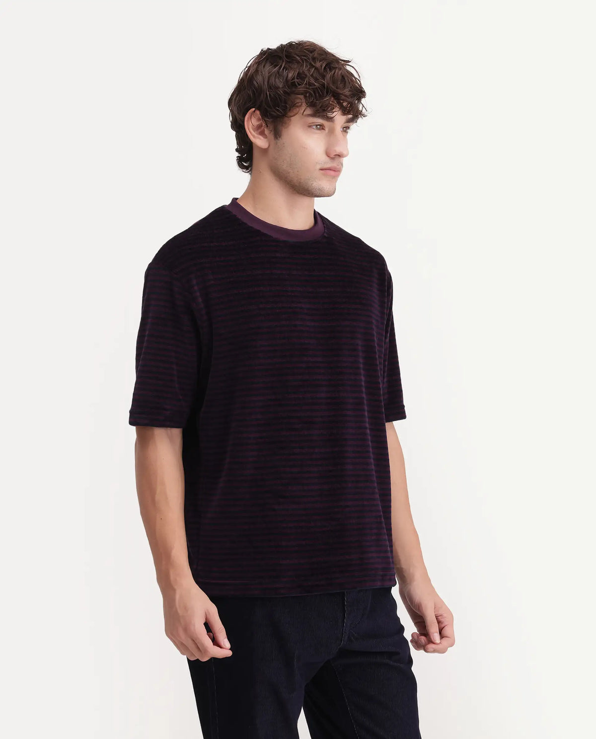 Rare Rabbit Men's Stride Dark Maroon Cotton Blend Crew Neck Relaxed Striped T-Shirt