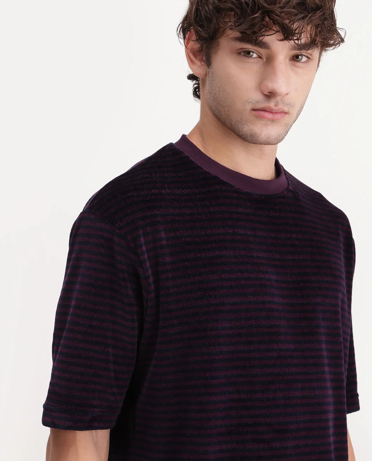 Rare Rabbit Men's Stride Dark Maroon Cotton Blend Crew Neck Relaxed Striped T-Shirt