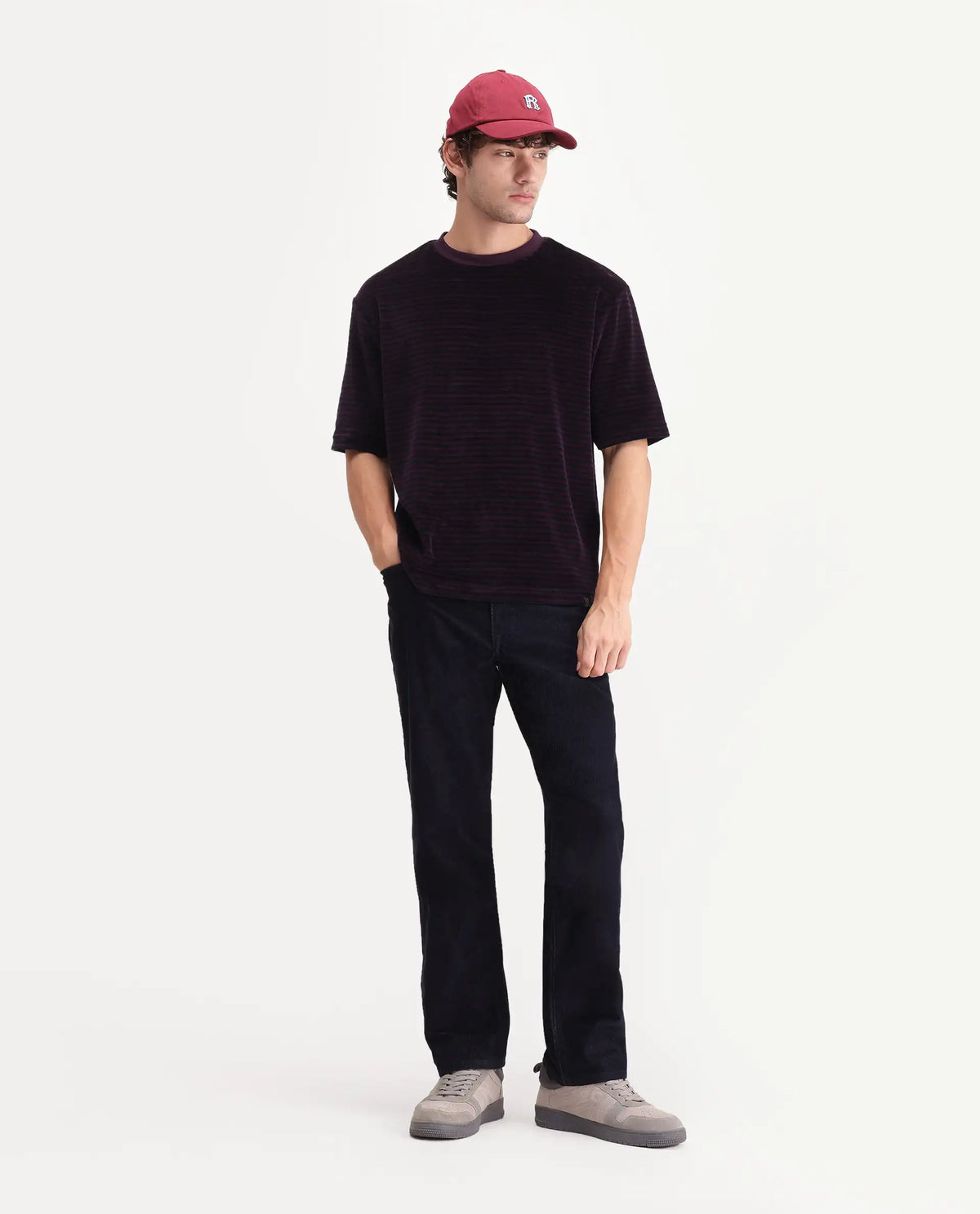 Rare Rabbit Men's Stride Dark Maroon Cotton Blend Crew Neck Relaxed Striped T-Shirt