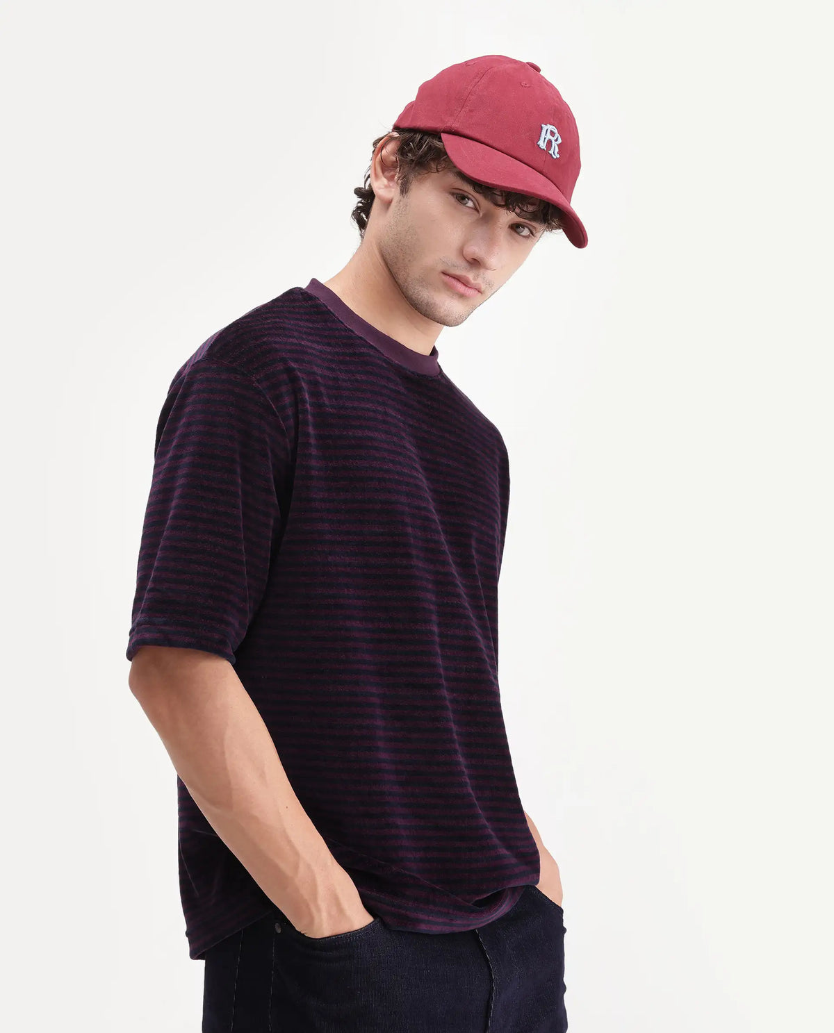 Rare Rabbit Men's Stride Dark Maroon Cotton Blend Crew Neck Relaxed Striped T-Shirt