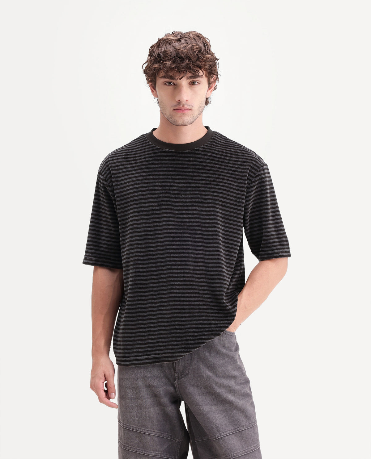 Rare Rabbit Men's Stride Dark Brown Cotton Blend Crew Neck Relaxed Striped T-Shirt