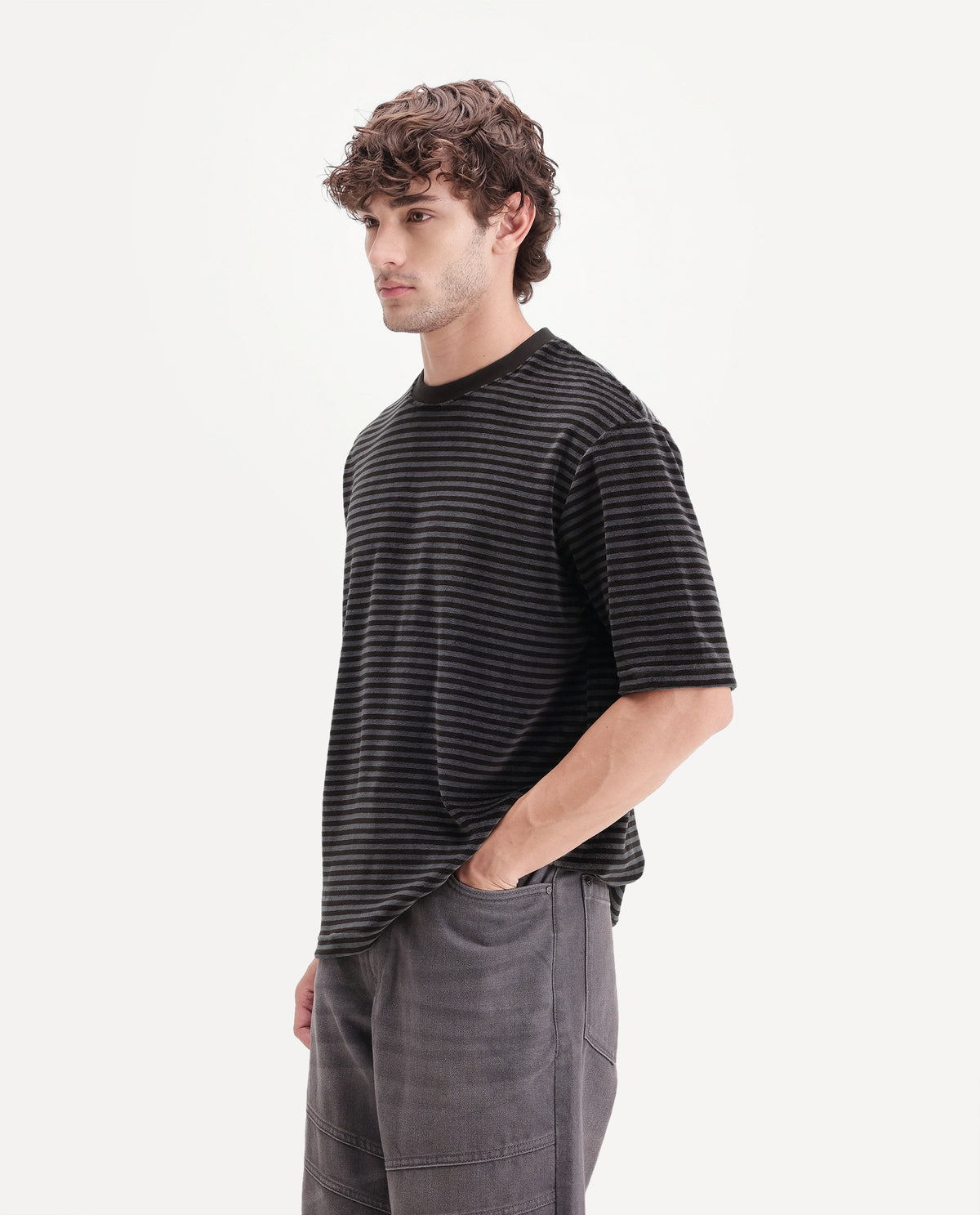 Rare Rabbit Men's Stride Dark Brown Cotton Blend Crew Neck Relaxed Striped T-Shirt