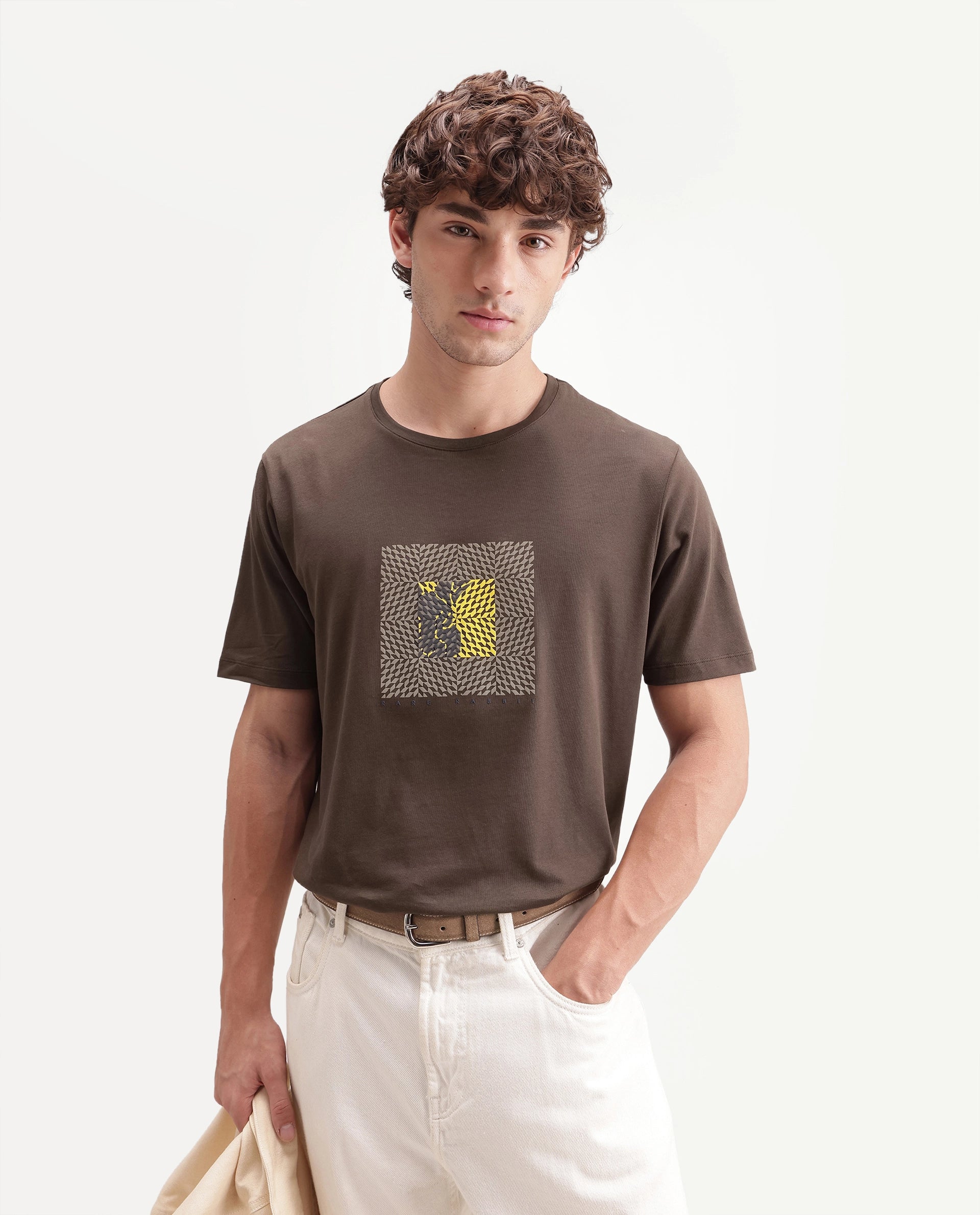 Rare Rabbit Men's Smeg Primary Brown Cotton Blend Crew Neck Regular Graphic Print T-Shirt