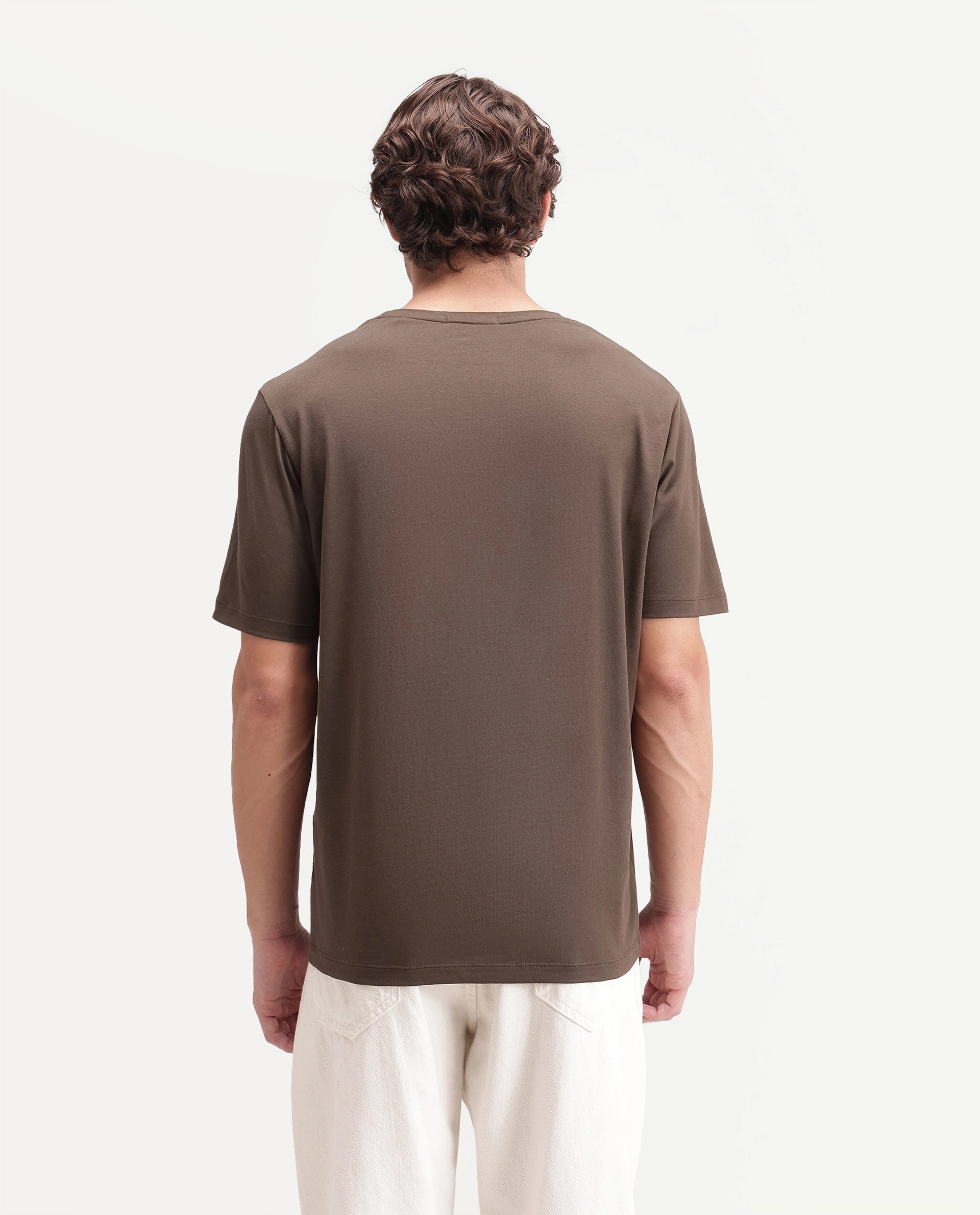 Rare Rabbit Men's Smeg Primary Brown Cotton Blend Crew Neck Regular Graphic Print T-Shirt