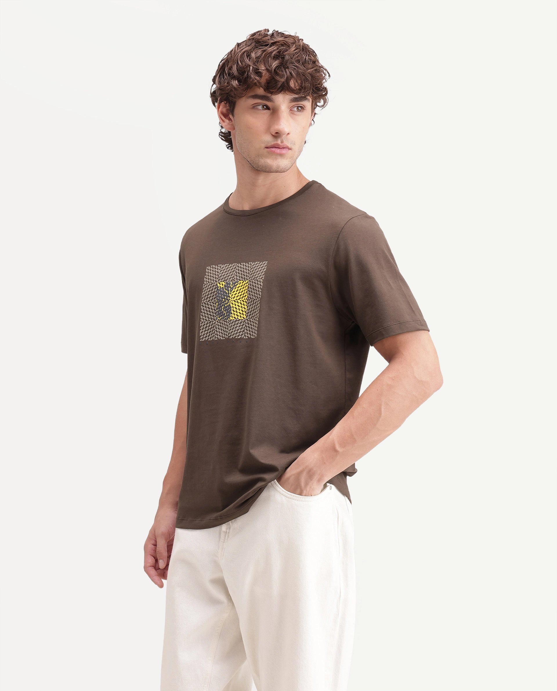 Rare Rabbit Men's Smeg Primary Brown Cotton Blend Crew Neck Regular Graphic Print T-Shirt