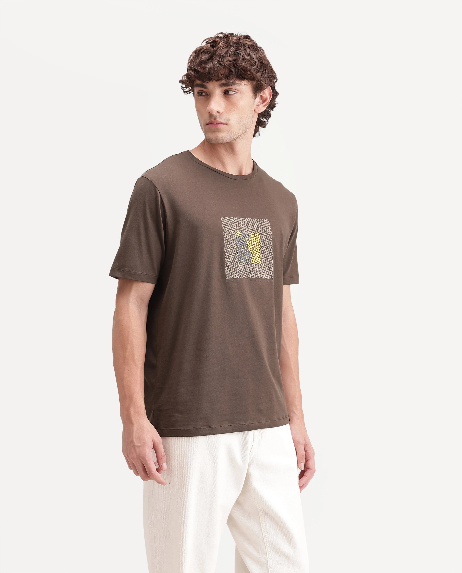 Rare Rabbit Men's Smeg Primary Brown Cotton Blend Crew Neck Regular Graphic Print T-Shirt