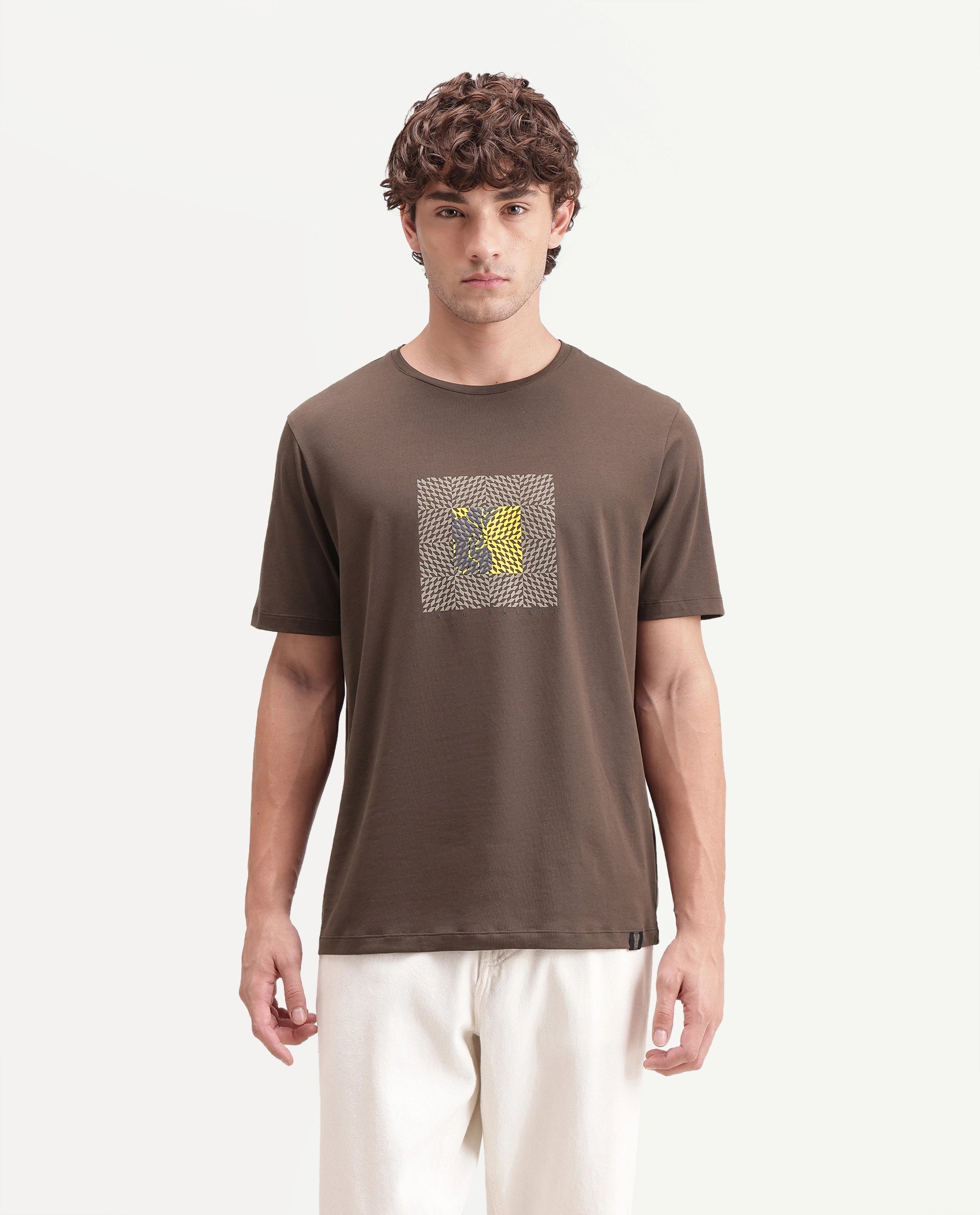 Rare Rabbit Men's Smeg Primary Brown Cotton Blend Crew Neck Regular Graphic Print T-Shirt