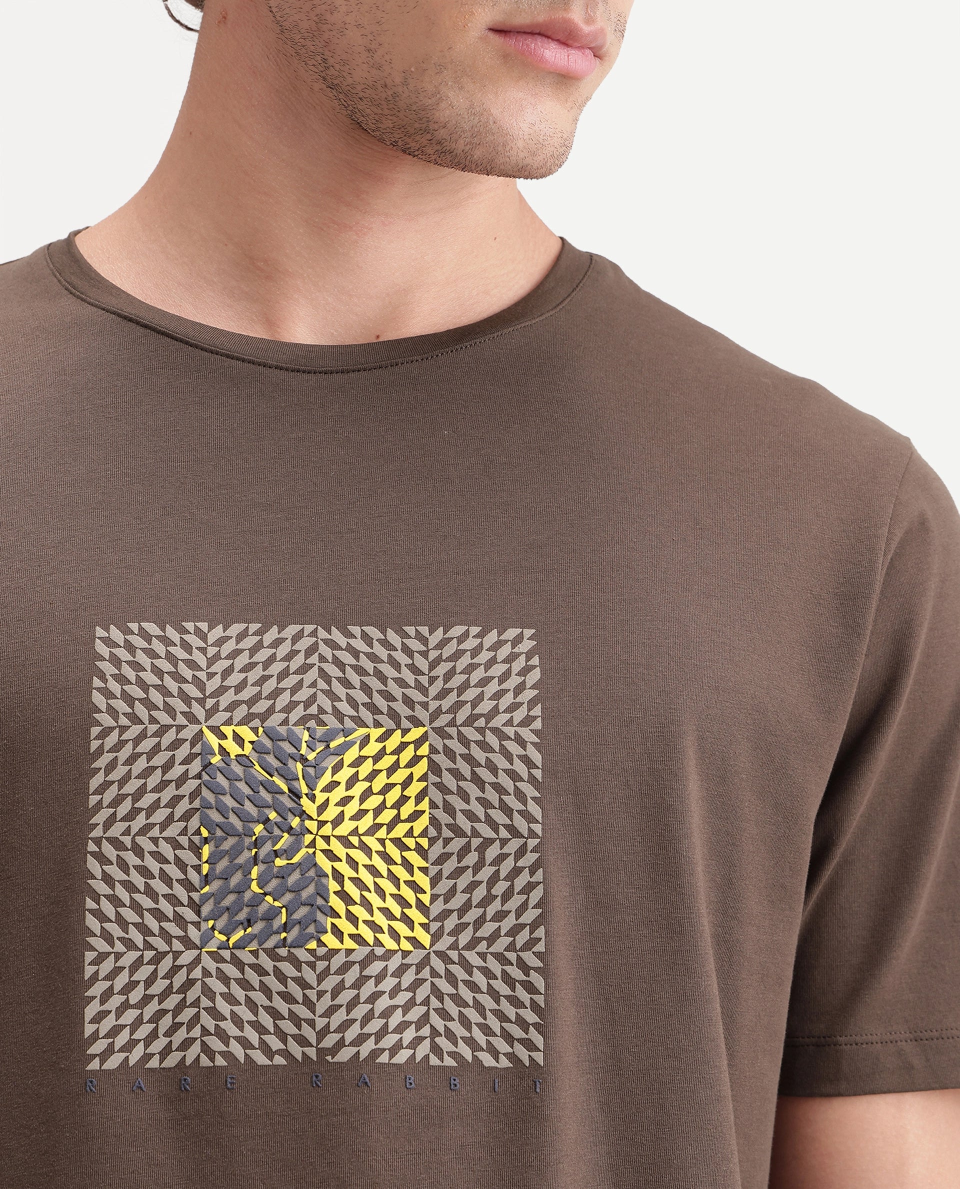 Rare Rabbit Men's Smeg Primary Brown Cotton Blend Crew Neck Regular Graphic Print T-Shirt