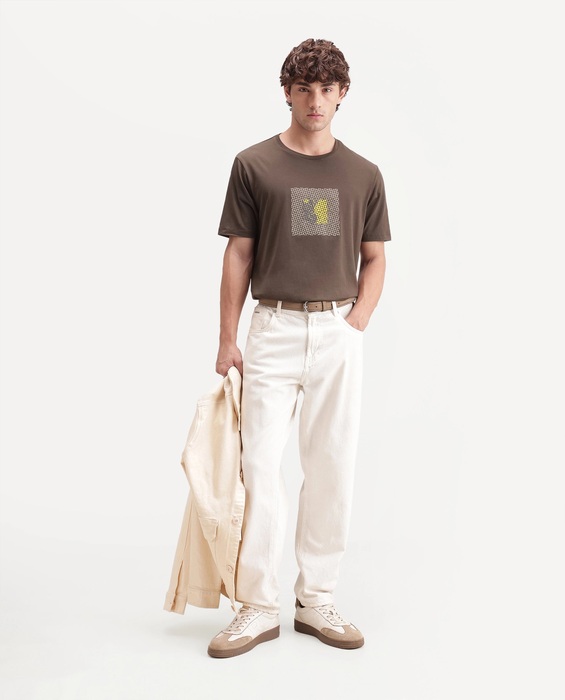 Rare Rabbit Men's Smeg Primary Brown Cotton Blend Crew Neck Regular Graphic Print T-Shirt