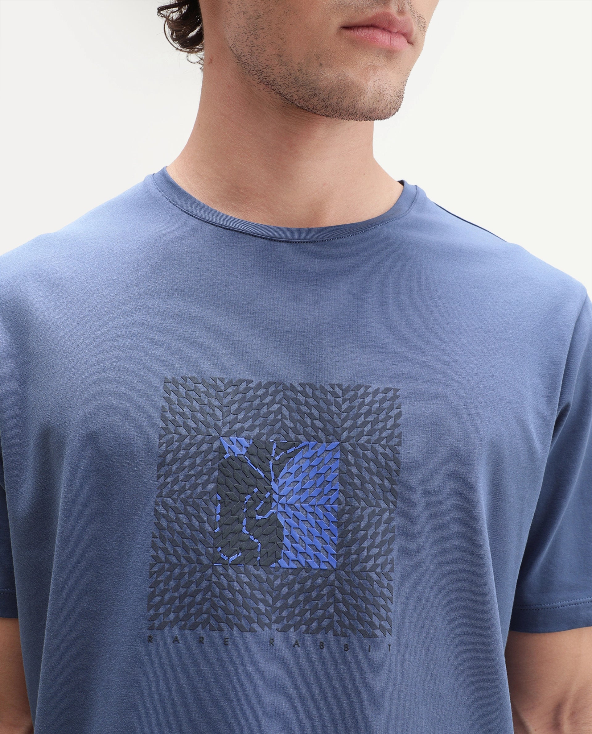 Rare Rabbit Men's Smeg Dusky Blue Cotton Blend Crew Neck Regular Graphic Print T-Shirt