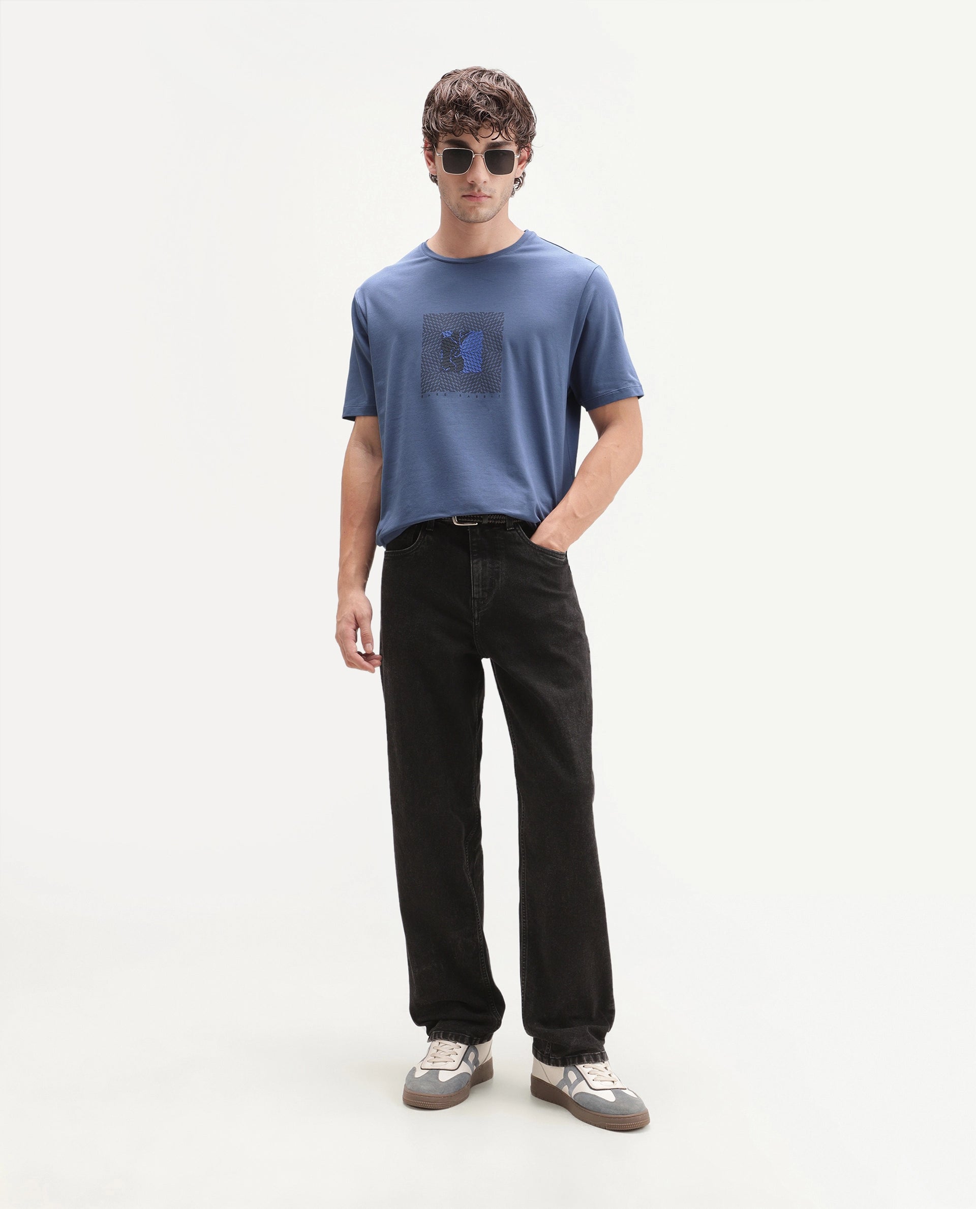 Rare Rabbit Men's Smeg Dusky Blue Cotton Blend Crew Neck Regular Graphic Print T-Shirt