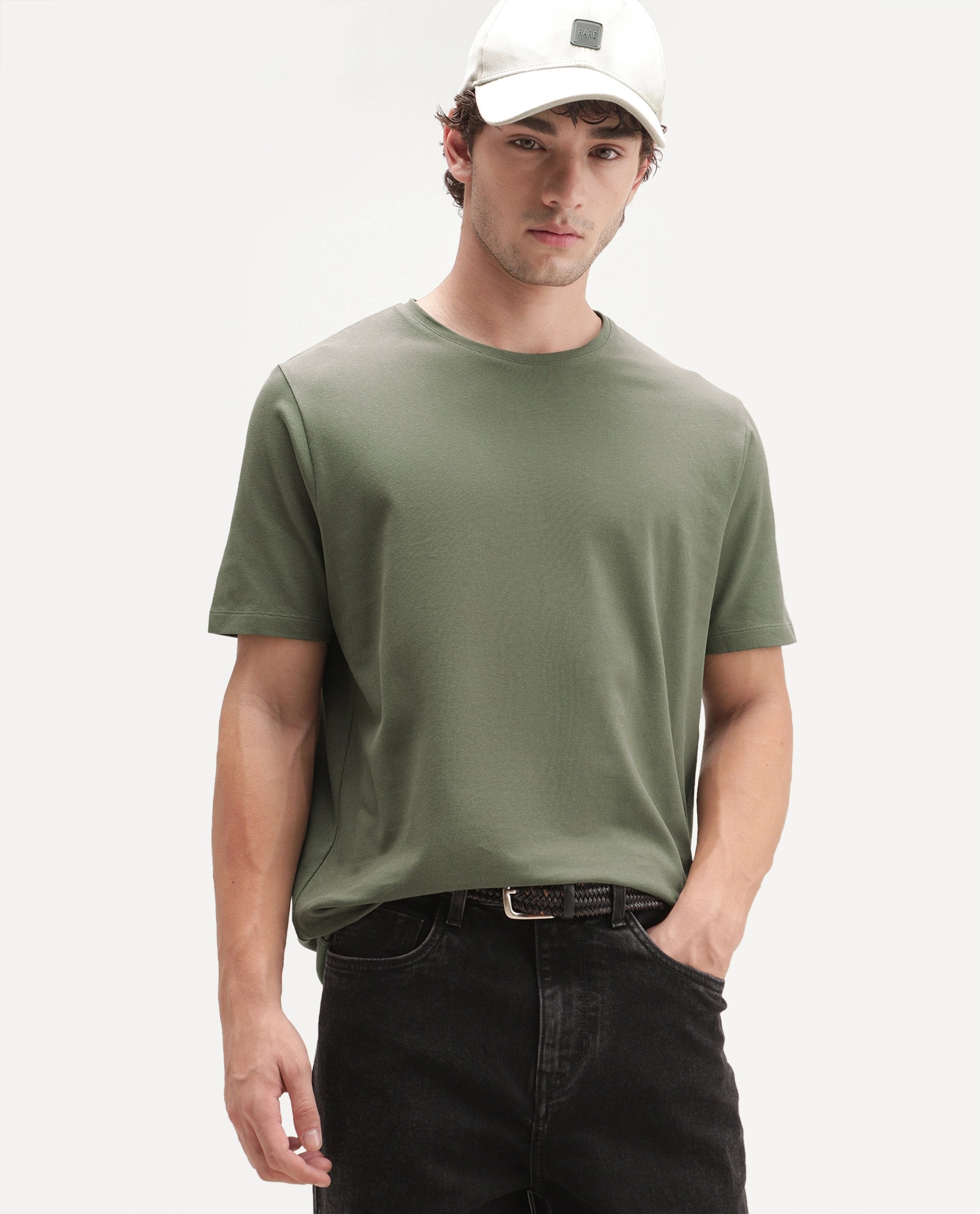 Rare Rabbit Men's Peeq Dusky Green Cotton Blend Crew Neck Regular Plain T-Shirt