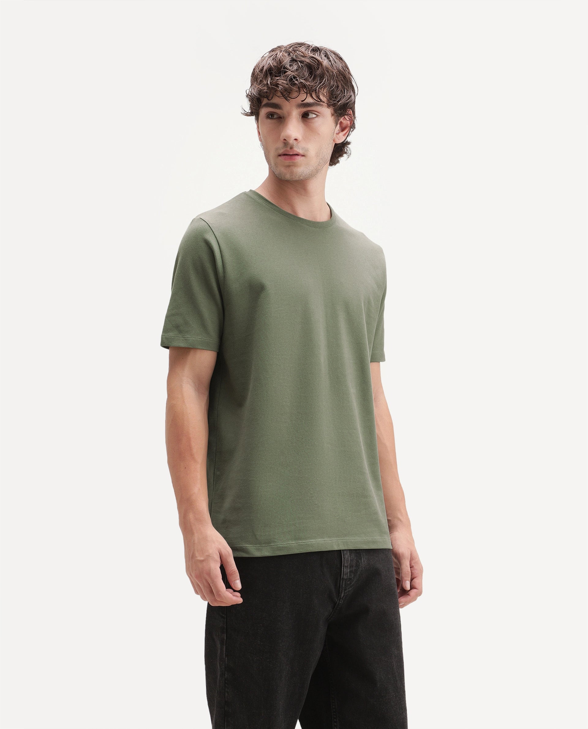 Rare Rabbit Men's Peeq Dusky Green Cotton Blend Crew Neck Regular Plain T-Shirt