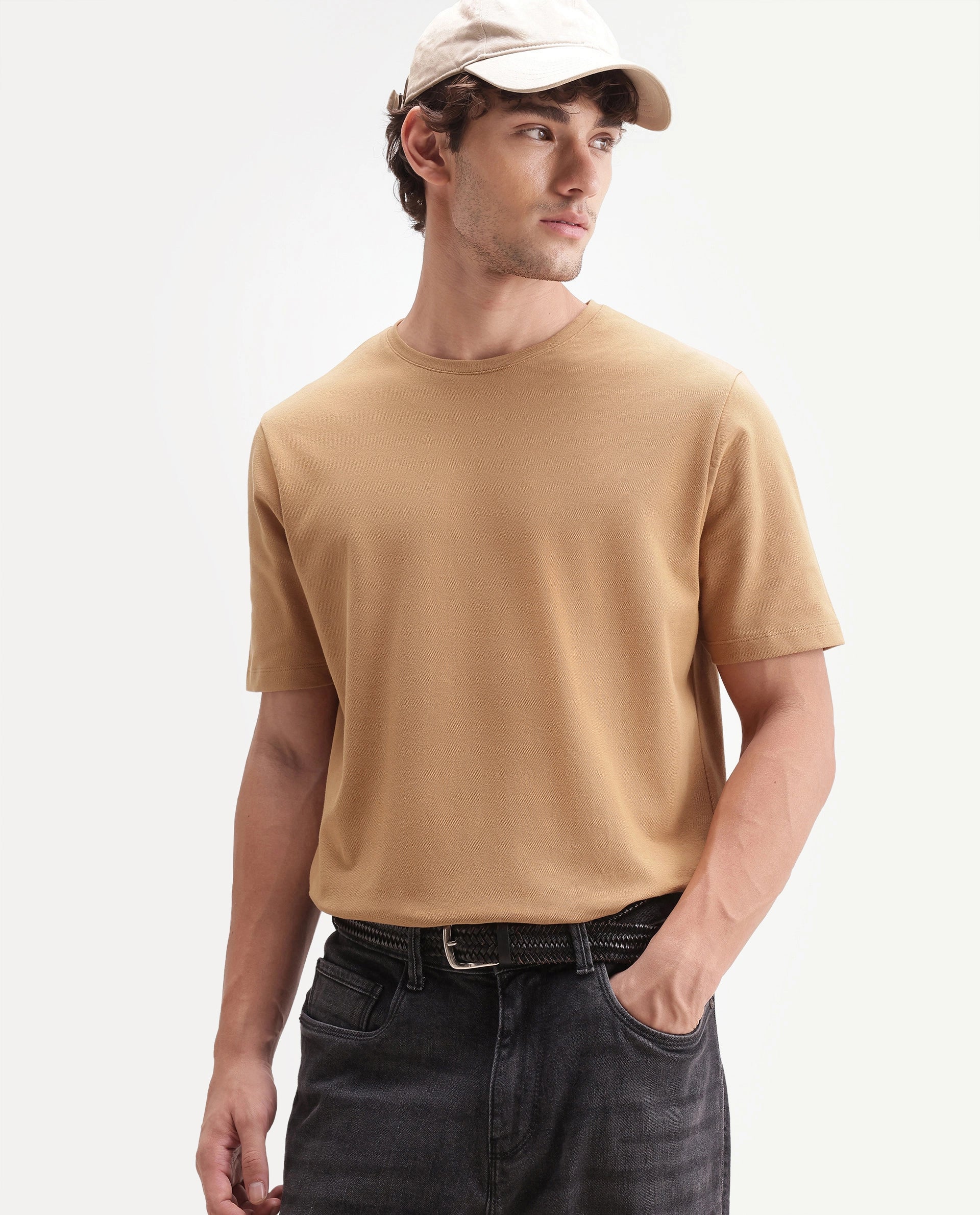 Rare Rabbit Men's Peeq Dusky Mustard Cotton Blend Crew Neck Regular Plain T-Shirt