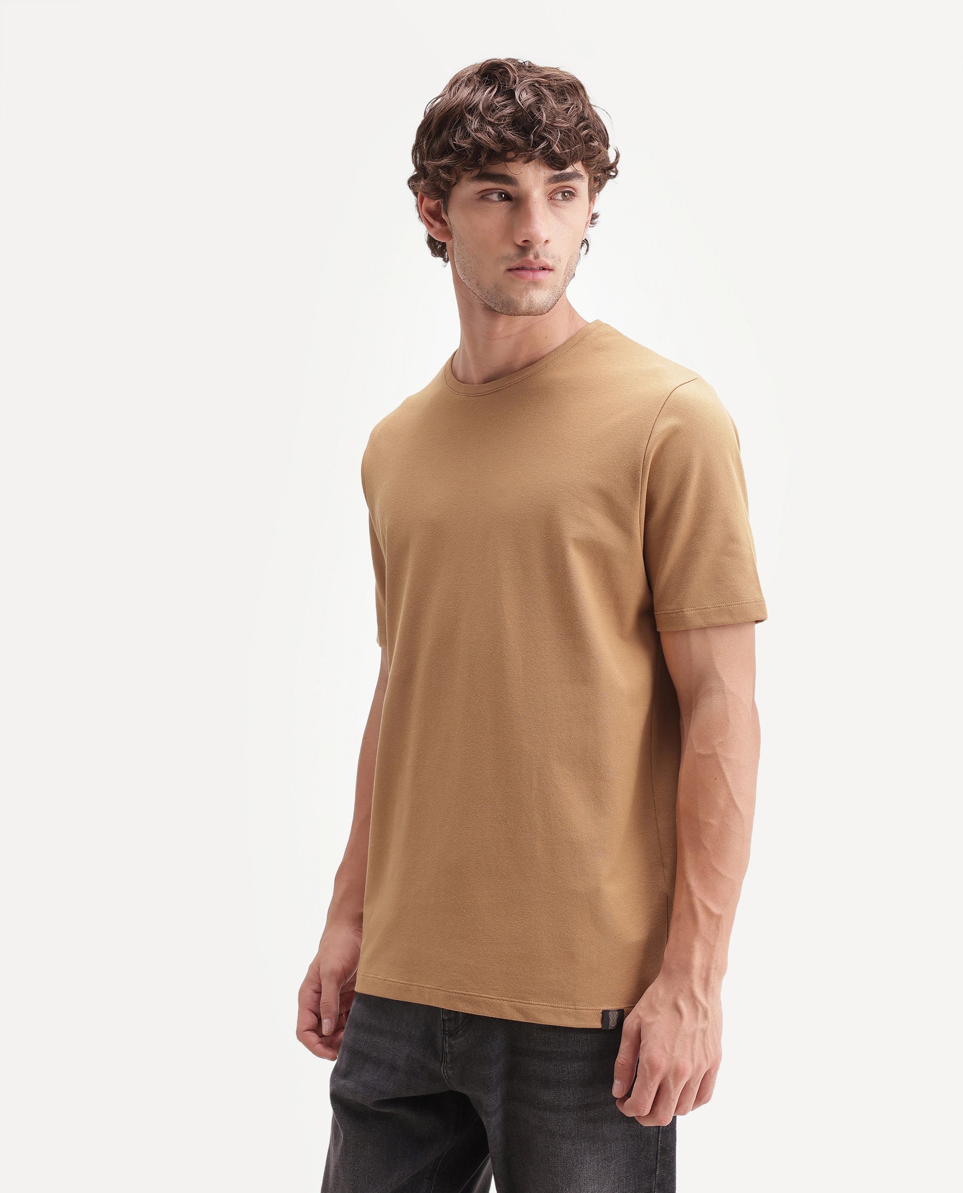 Rare Rabbit Men's Peeq Dusky Mustard Cotton Blend Crew Neck Regular Plain T-Shirt