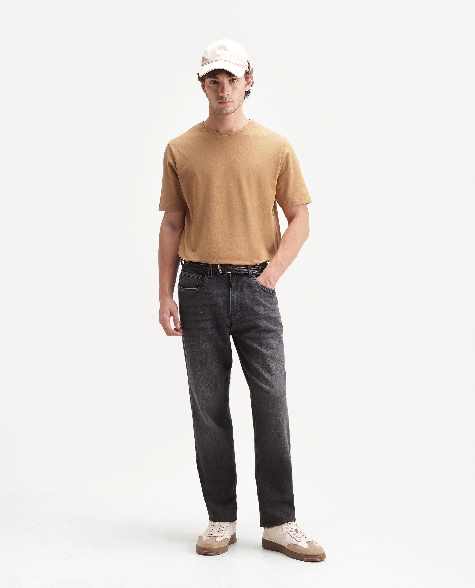 Rare Rabbit Men's Peeq Dusky Mustard Cotton Blend Crew Neck Regular Plain T-Shirt