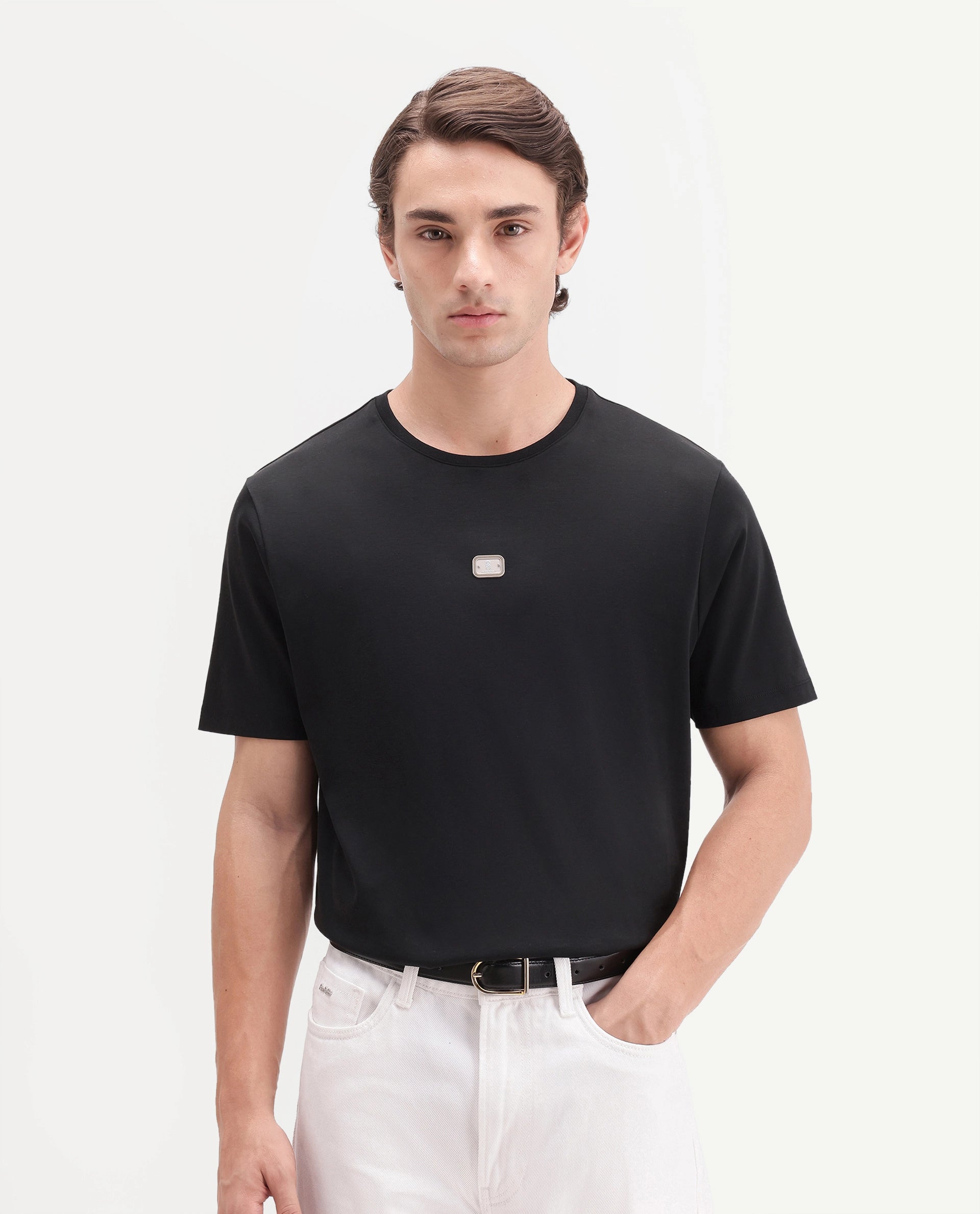 Rare Rabbit Men's Werf Primary Black Cotton Crew Neck Regular Plain T-Shirt