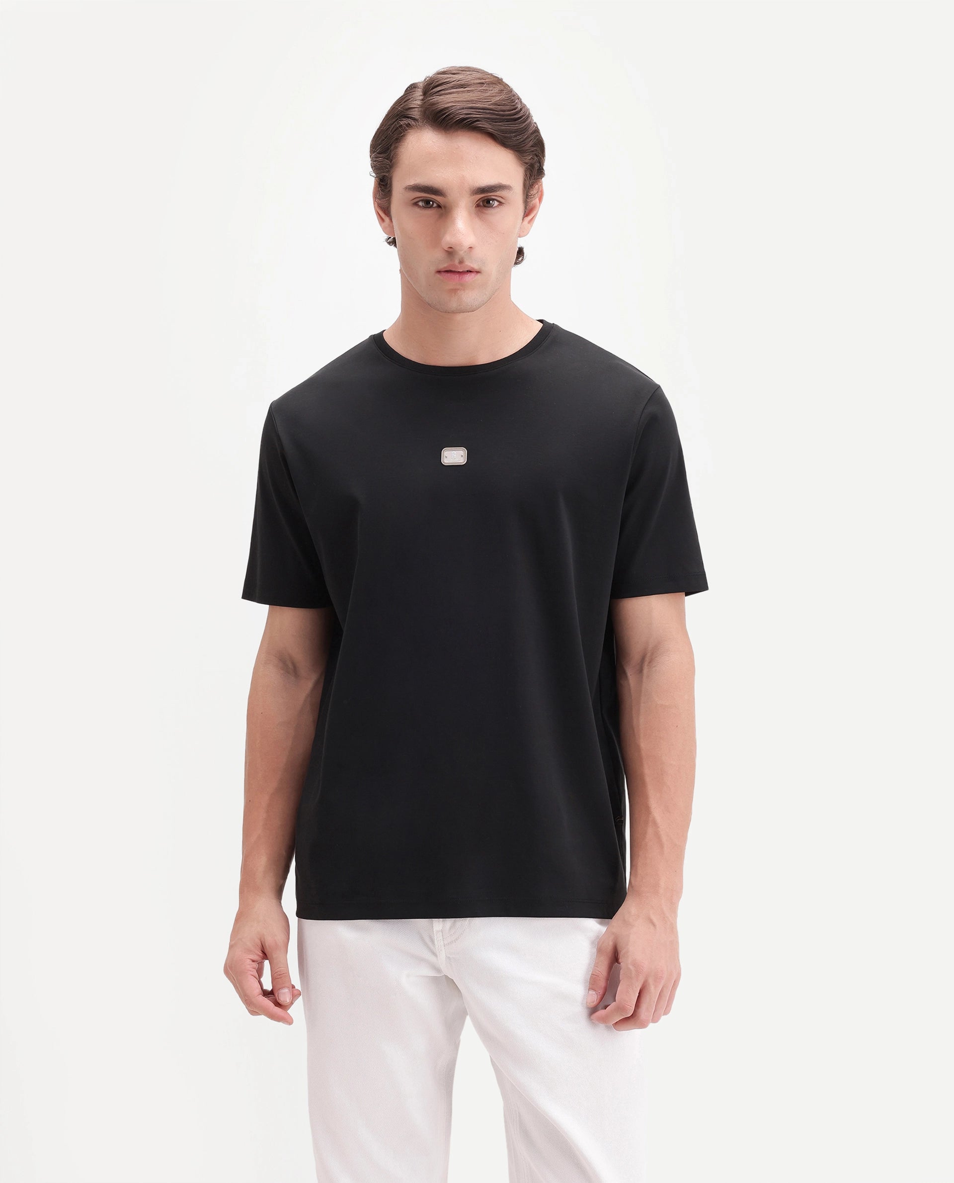 Rare Rabbit Men's Werf Primary Black Cotton Crew Neck Regular Plain T-Shirt